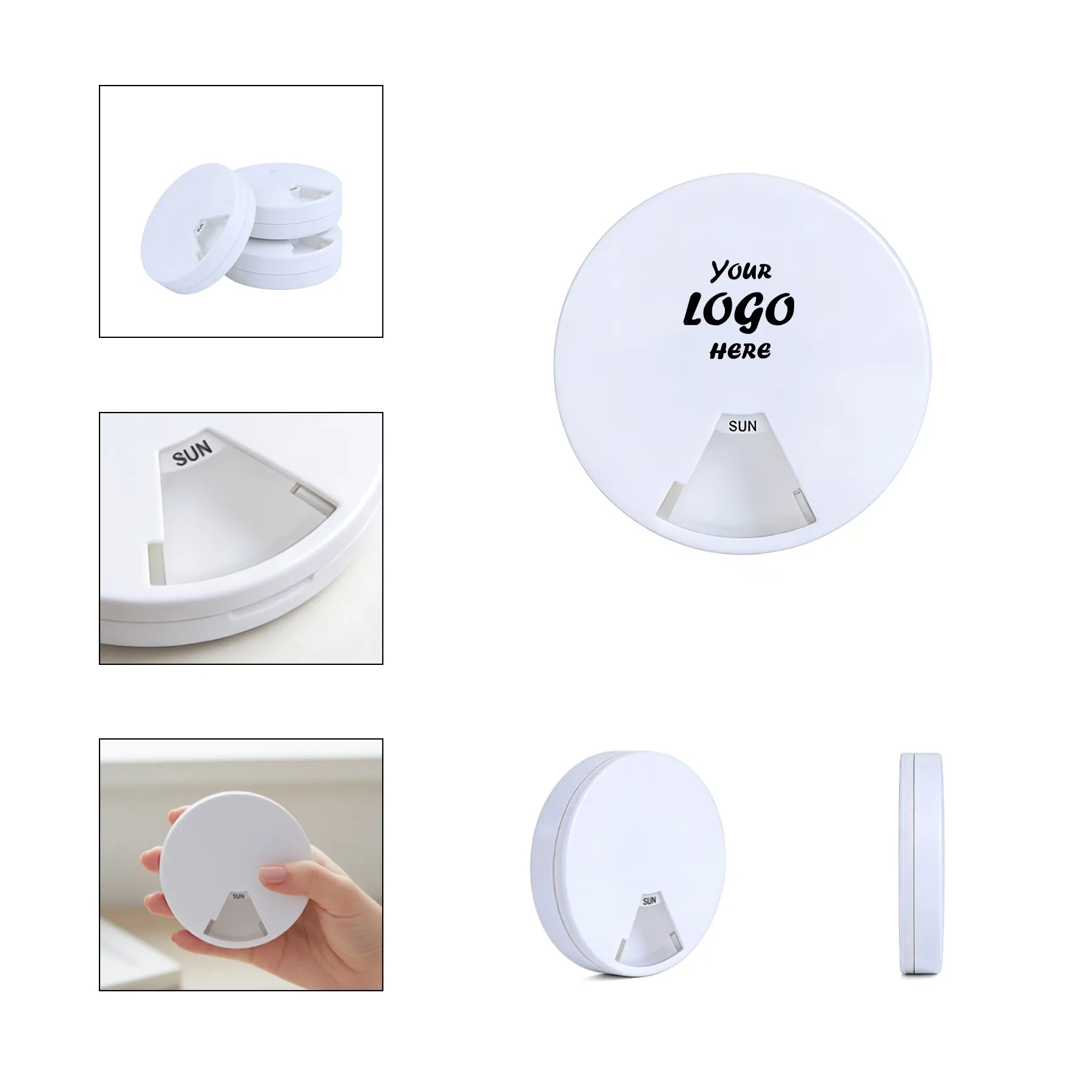 Compact 7-day rotating pill organizer in ABS; pad print logo