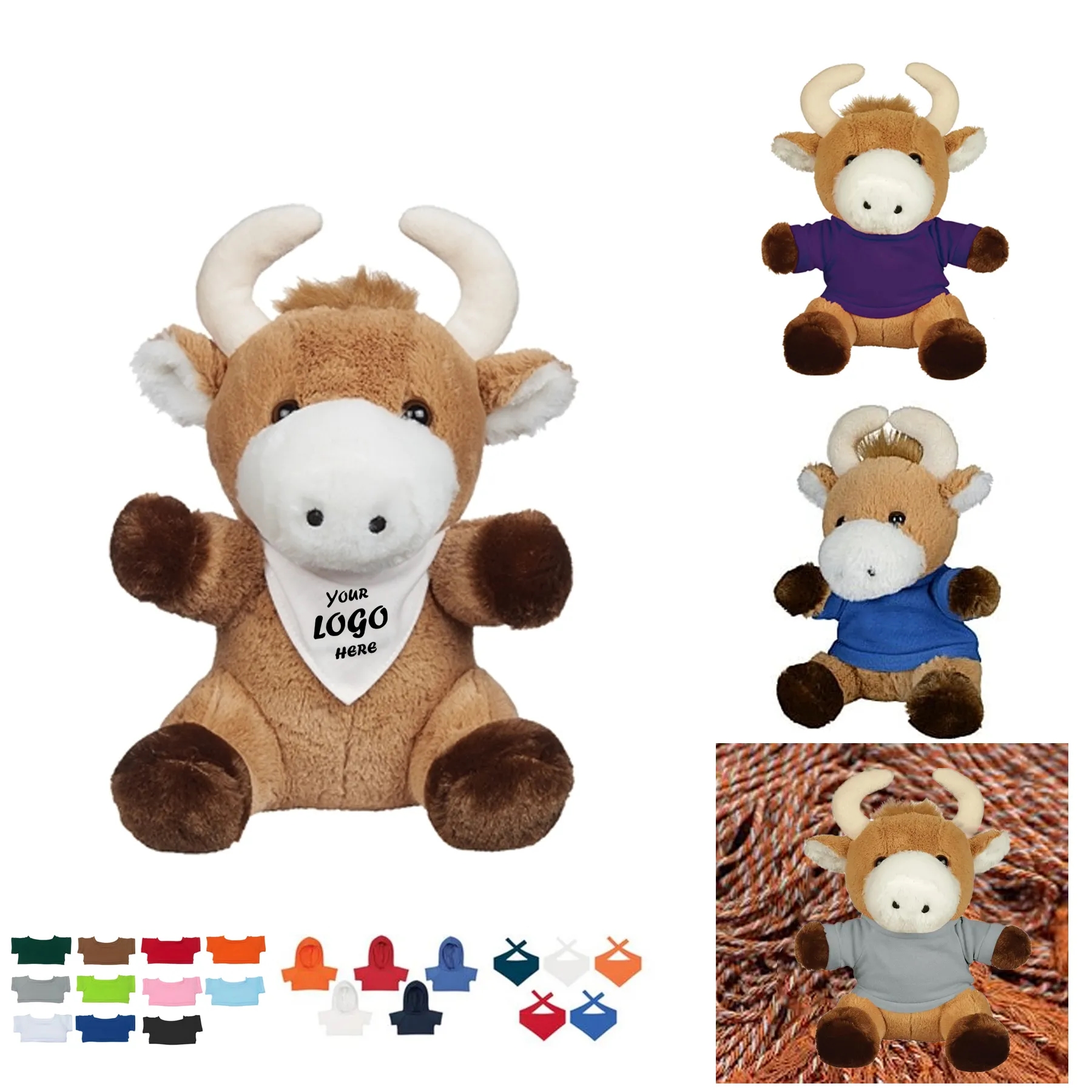 6 Inch Bull Plush With Custom Shirt Hoodie Or Bandana