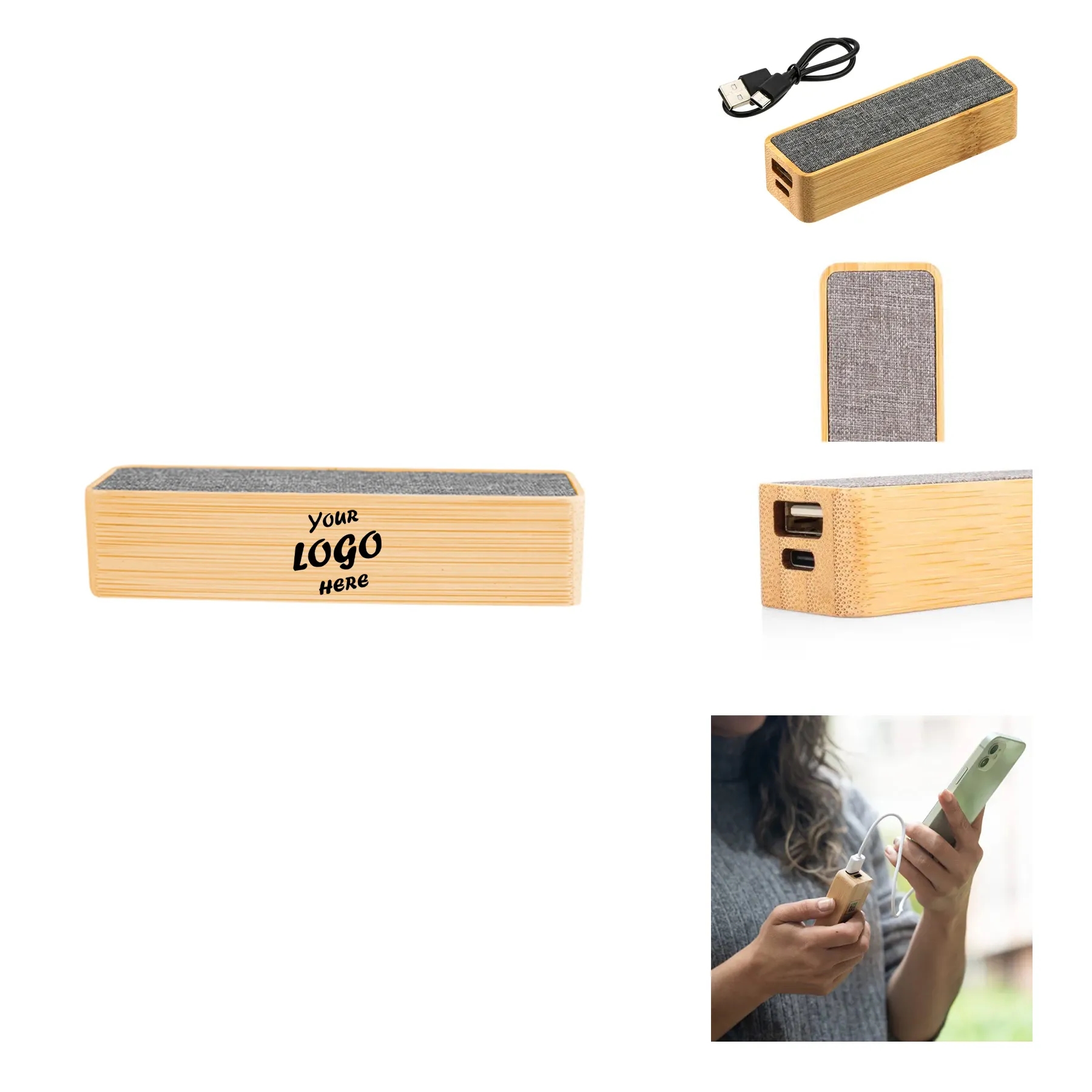 Eco Bamboo RPET 2000mAh Mini Power Bank With Cable