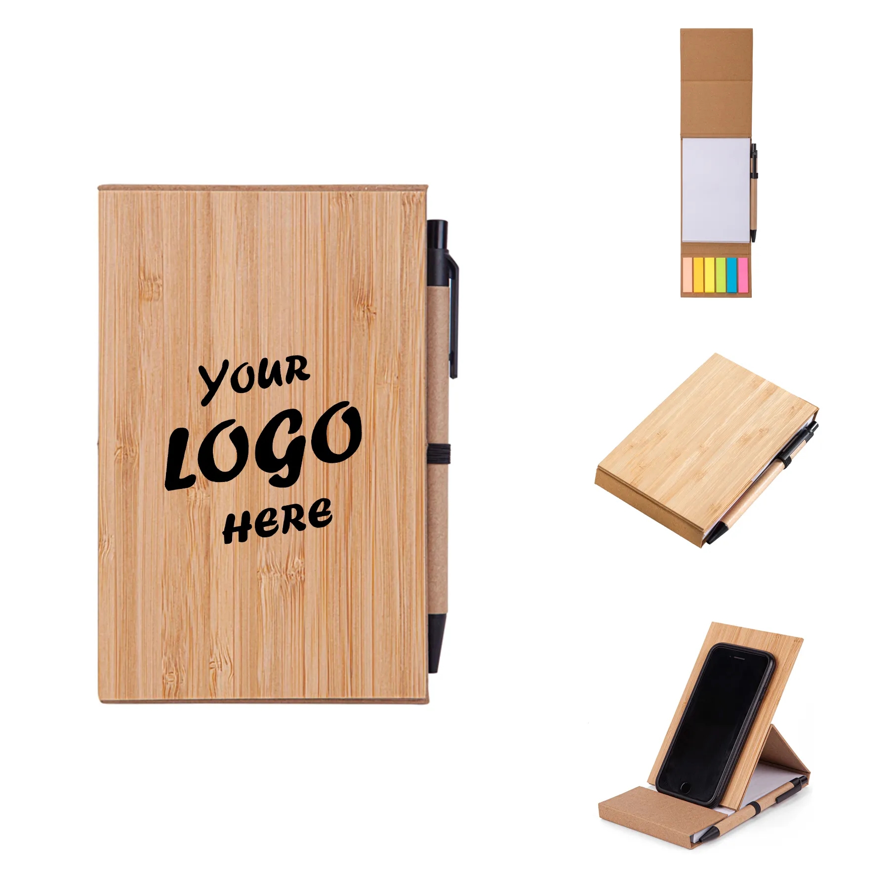 4x6 Bamboo Phone Holder Notepad Set With Pen And Flags