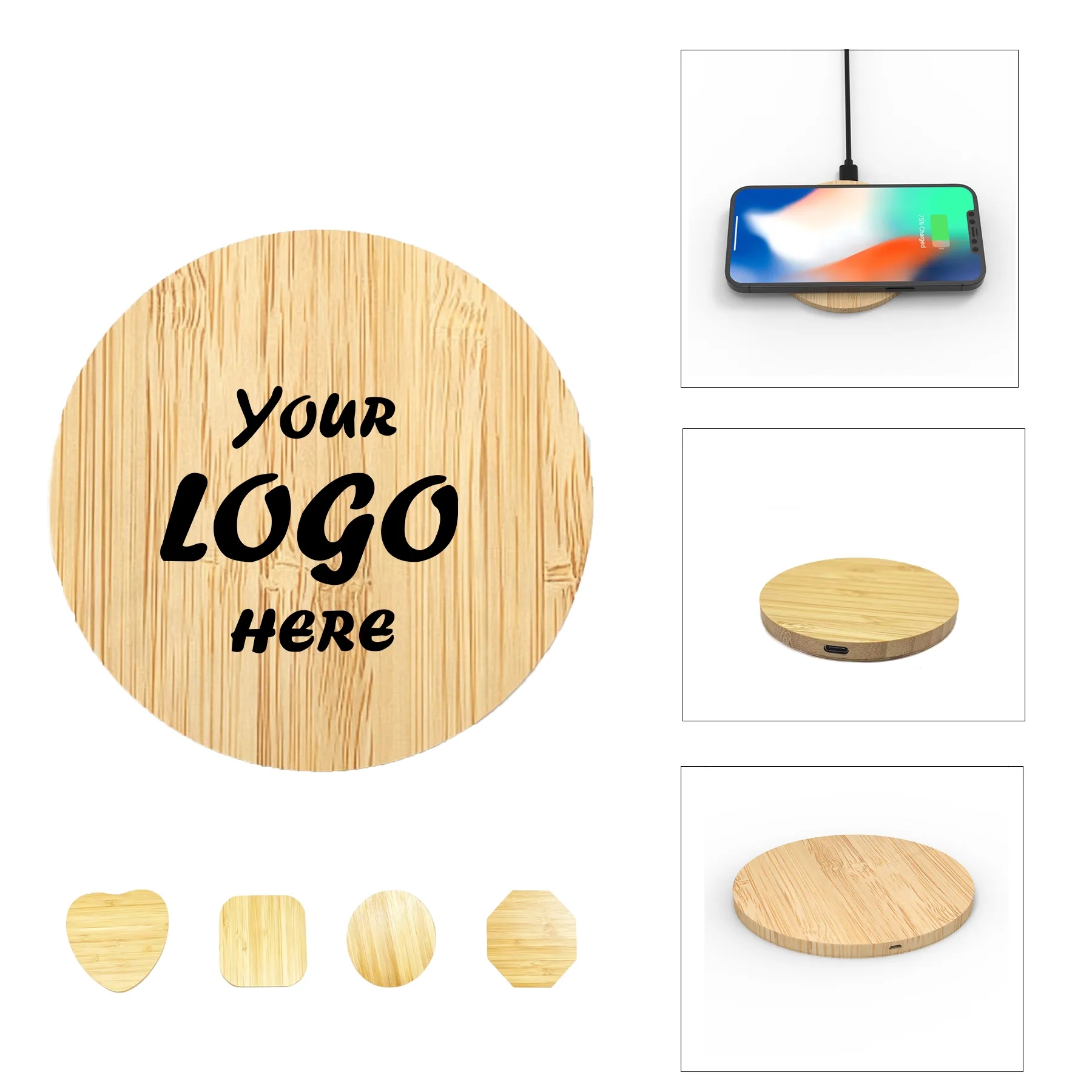 Natural Bamboo 15W Wireless Charging Pad For Desks