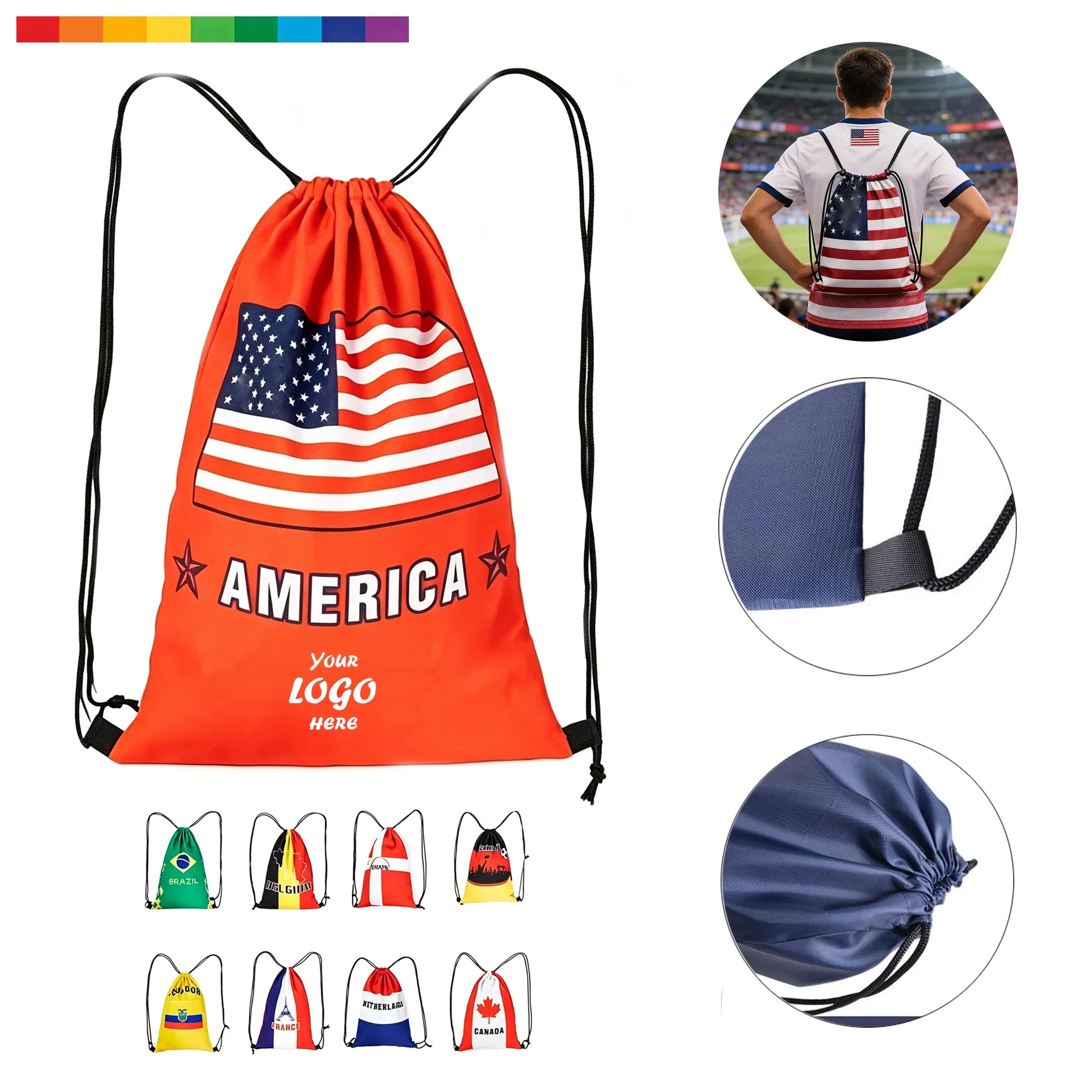 Flag Print Soccer Drawstring Backpack For Fan Events
