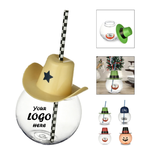 24 Oz Holiday Straw Cup With Round Plastic Party Lid
