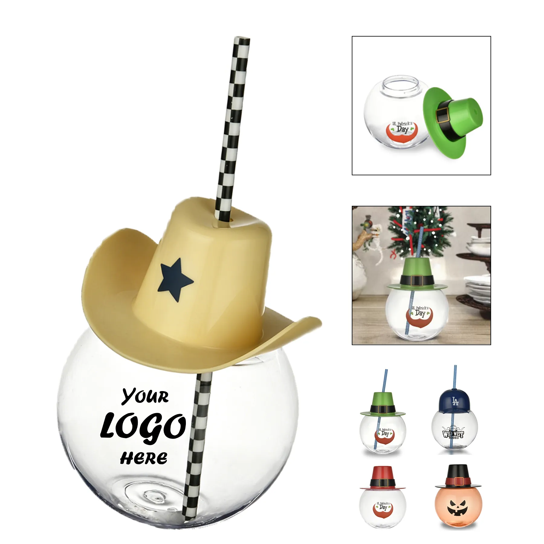 24 Oz Holiday Straw Cup With Round Plastic Party Lid
