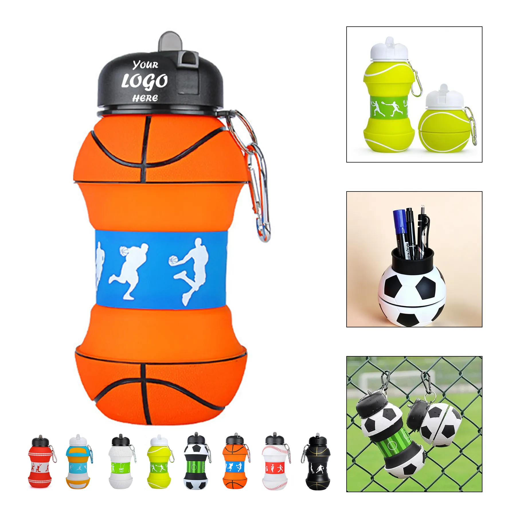 Collapsible Silicone Sports Ball Bottle With Carabiner