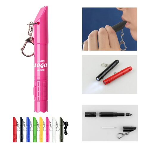 Ballpoint Pen Keychain With LED Light And Safety Whistle
