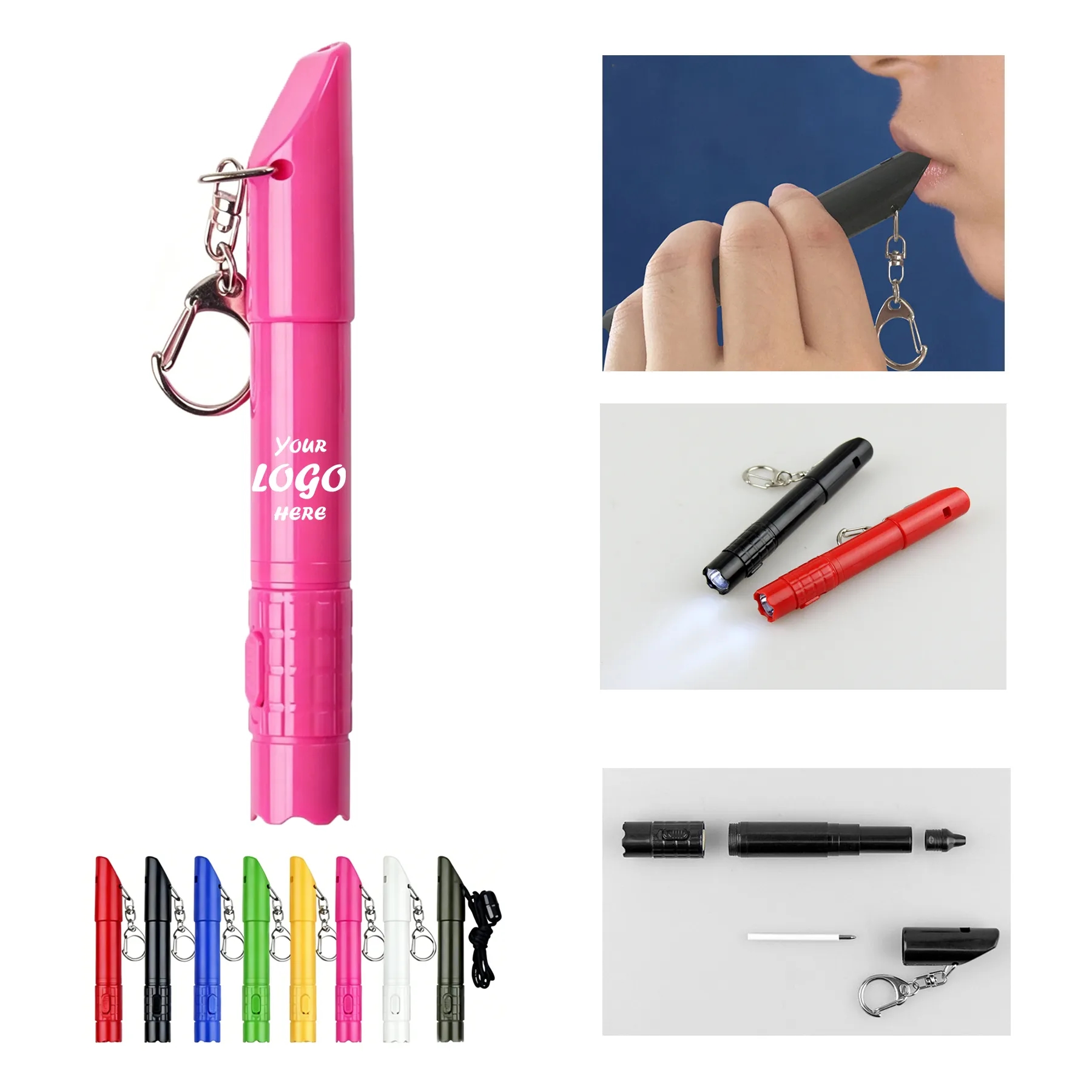 Ballpoint Pen Keychain With LED Light And Safety Whistle
