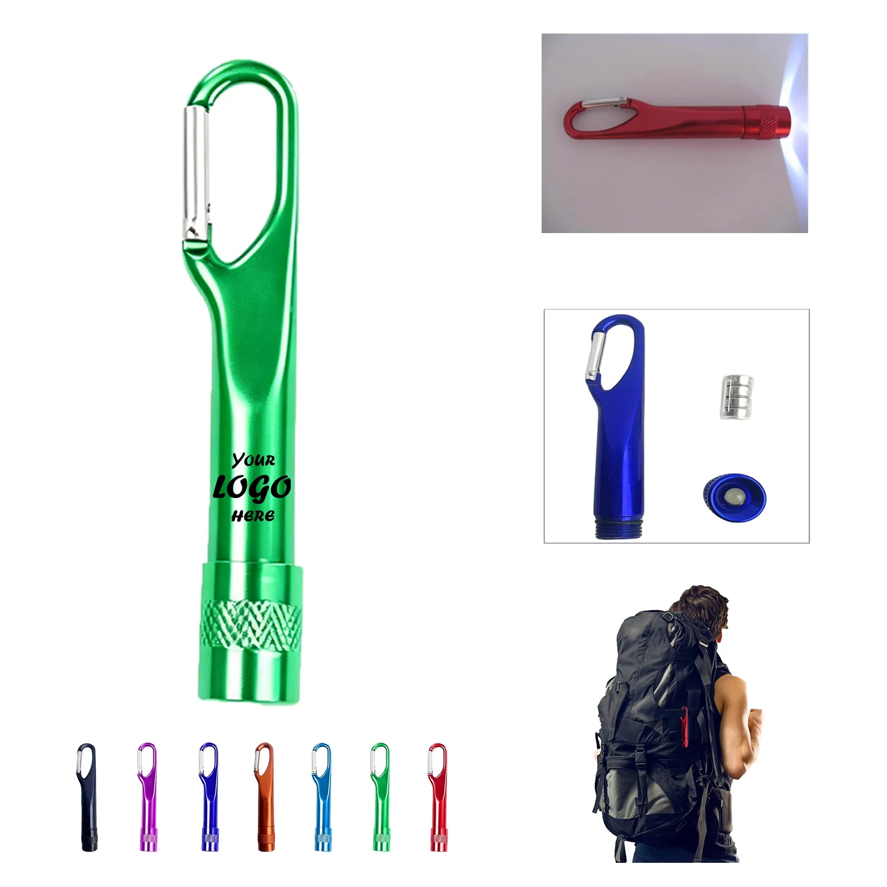 Metal Carabiner Flashlight Keychain With Custom Logo Area