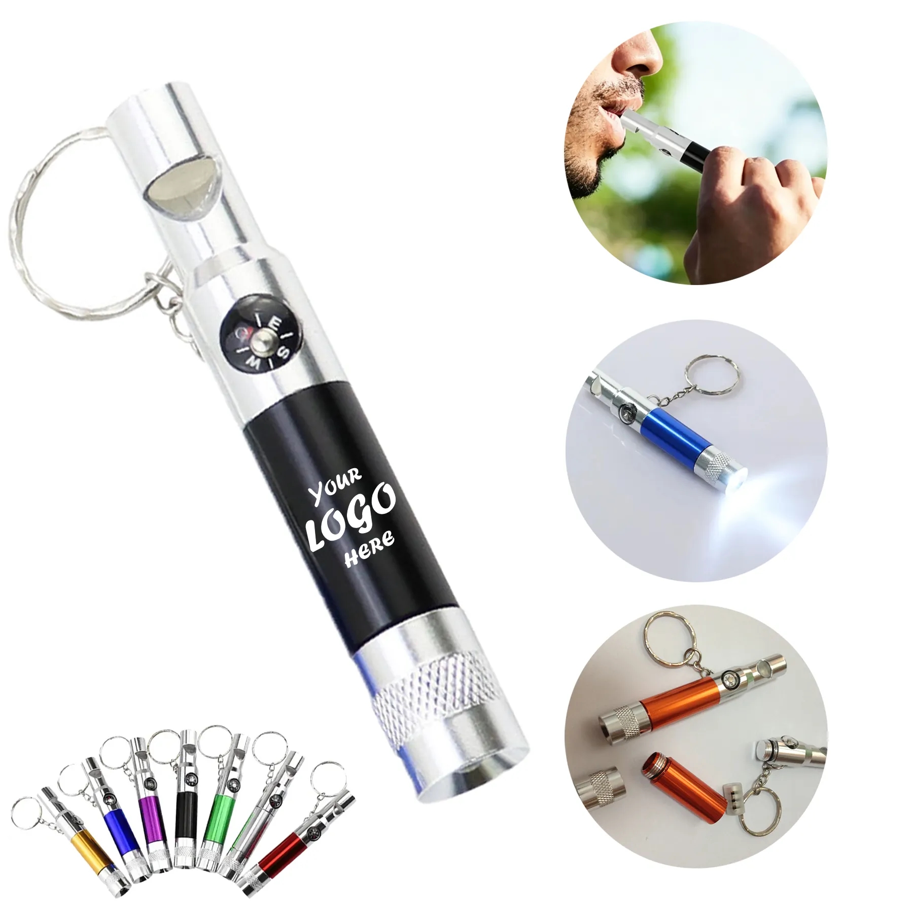 Aluminum Whistle Flashlight Compass Keychain For Camping