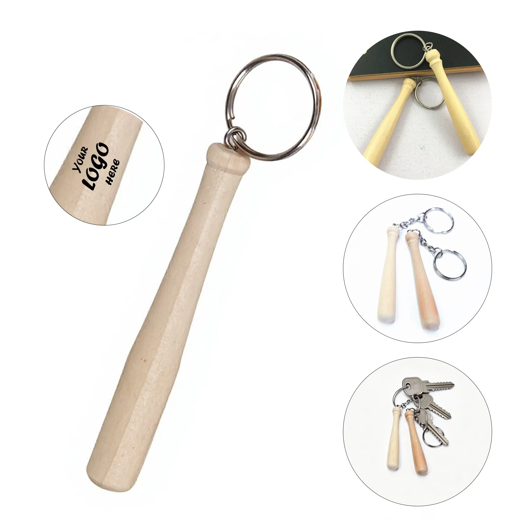 4" Wood Baseball Bat Keychain With Printed Front Logo