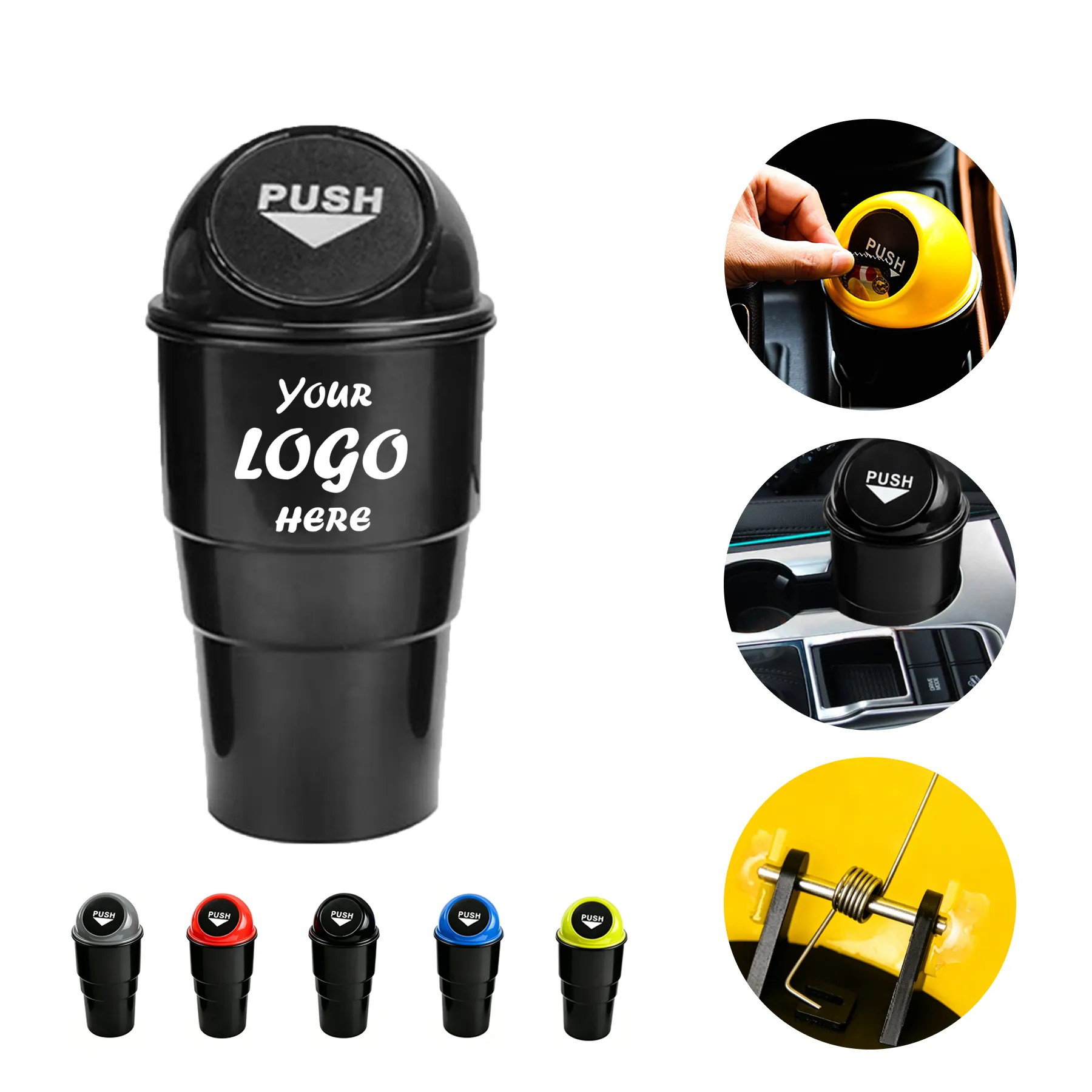 Compact Cup Holder Car Trash Can With Spring Hinged Lid