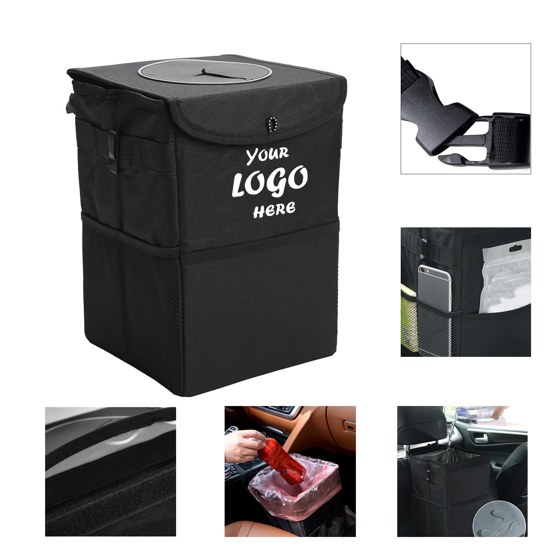 Leak Proof Car Waste Bin Organizer With Headrest Strap