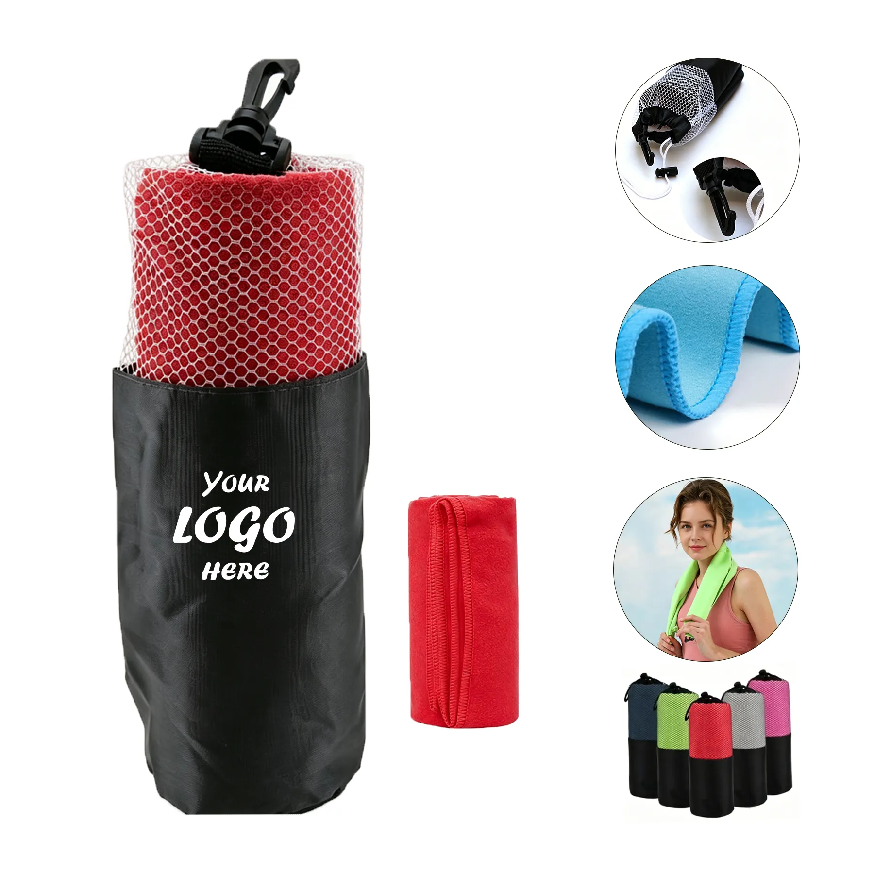 Cooling Towel In Mesh Pouch With Carabiner Clip Kit