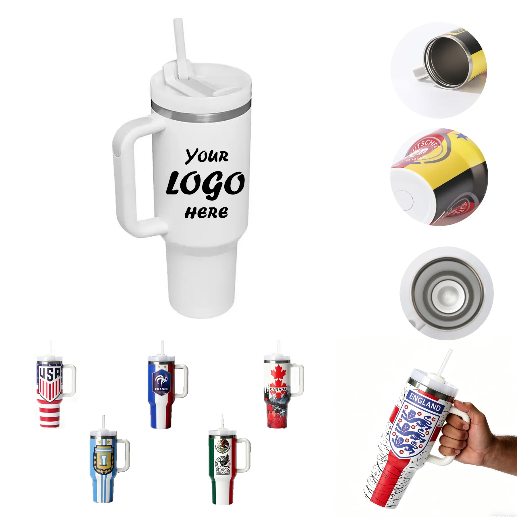 40 Oz Stainless Steel Soccer Tumbler With Handle And Straw