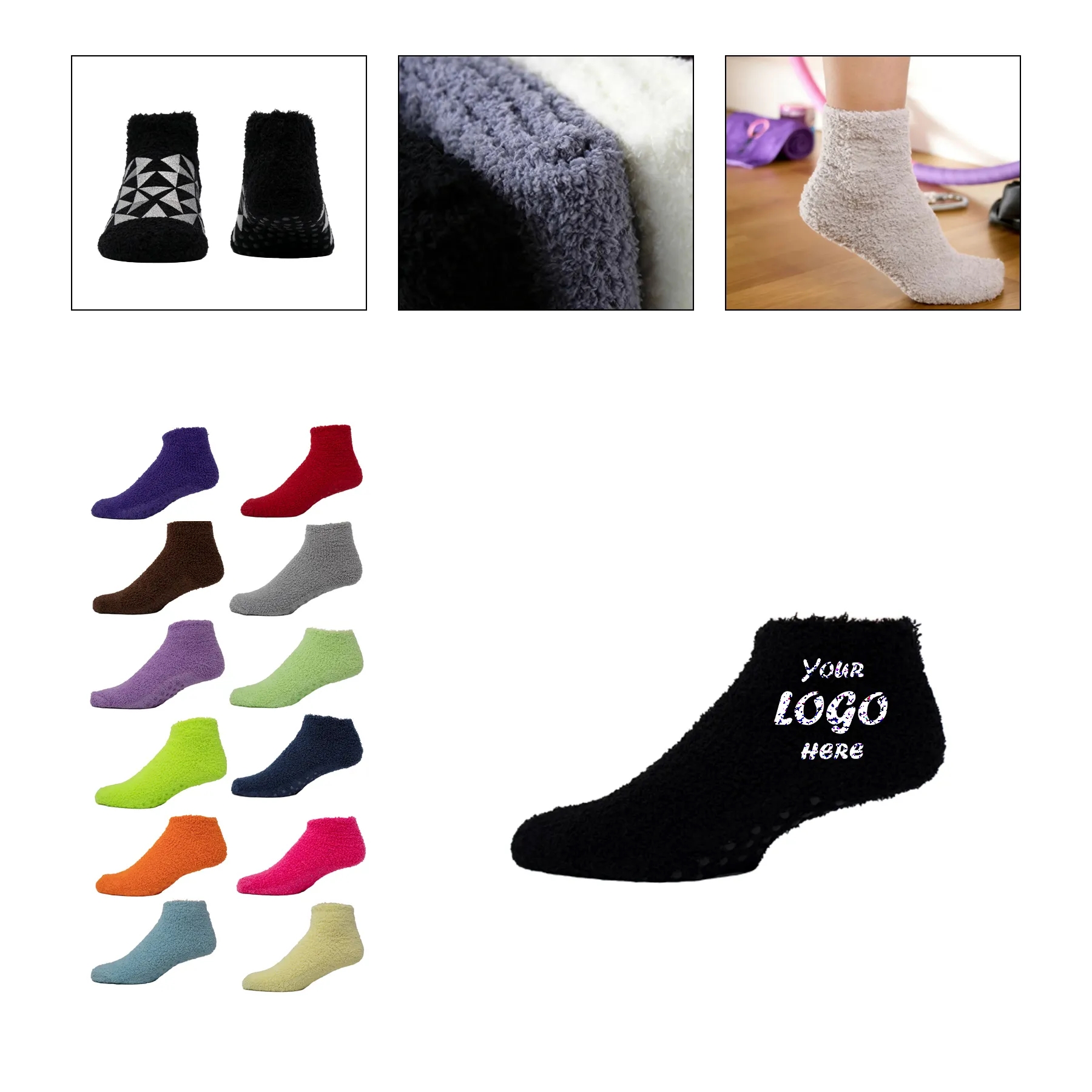 Fuzzy Grip Footie Socks With Embroidered Logo Design