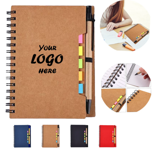 Recycled Spiral Steno Notebook With Sticky Notes Pen