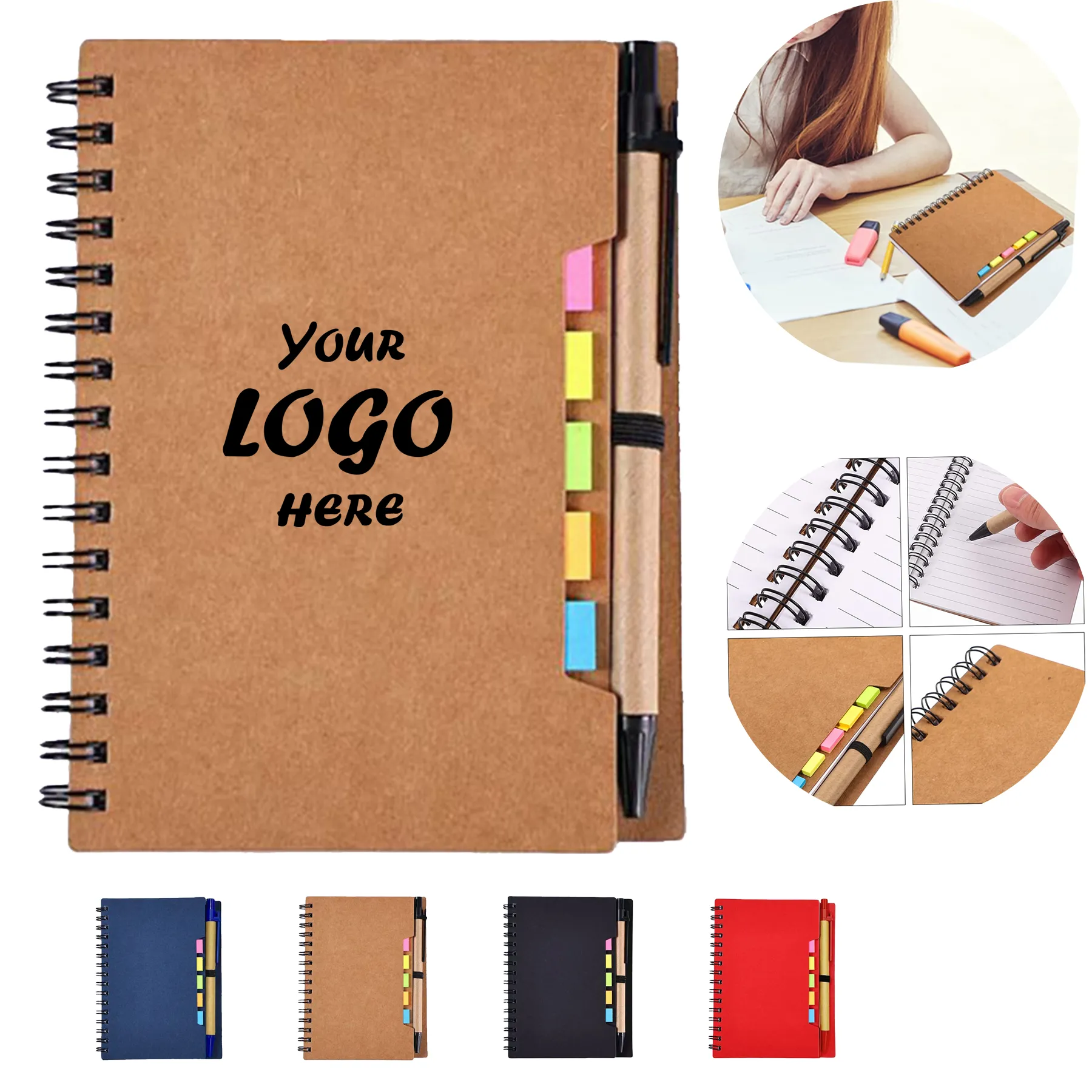 Recycled Spiral Steno Notebook With Sticky Notes Pen