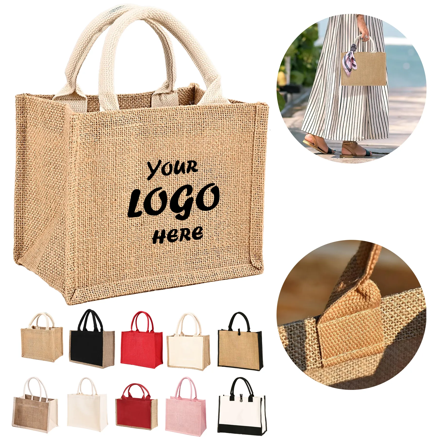 Reusable Laminated Burlap Grocery Tote Bag With Handle