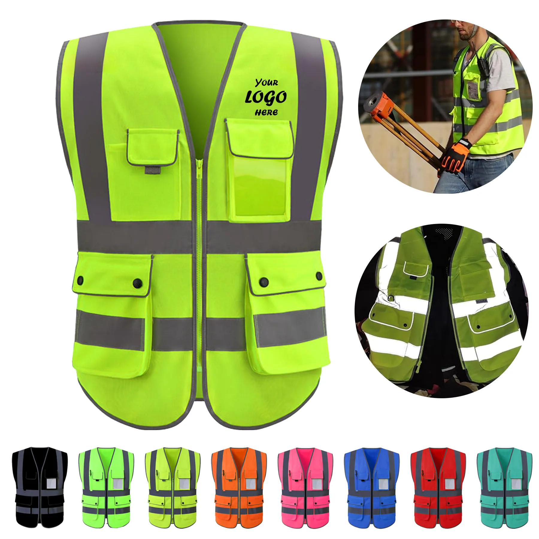 Reflective Safety Vest With Utility Pockets And Zipper