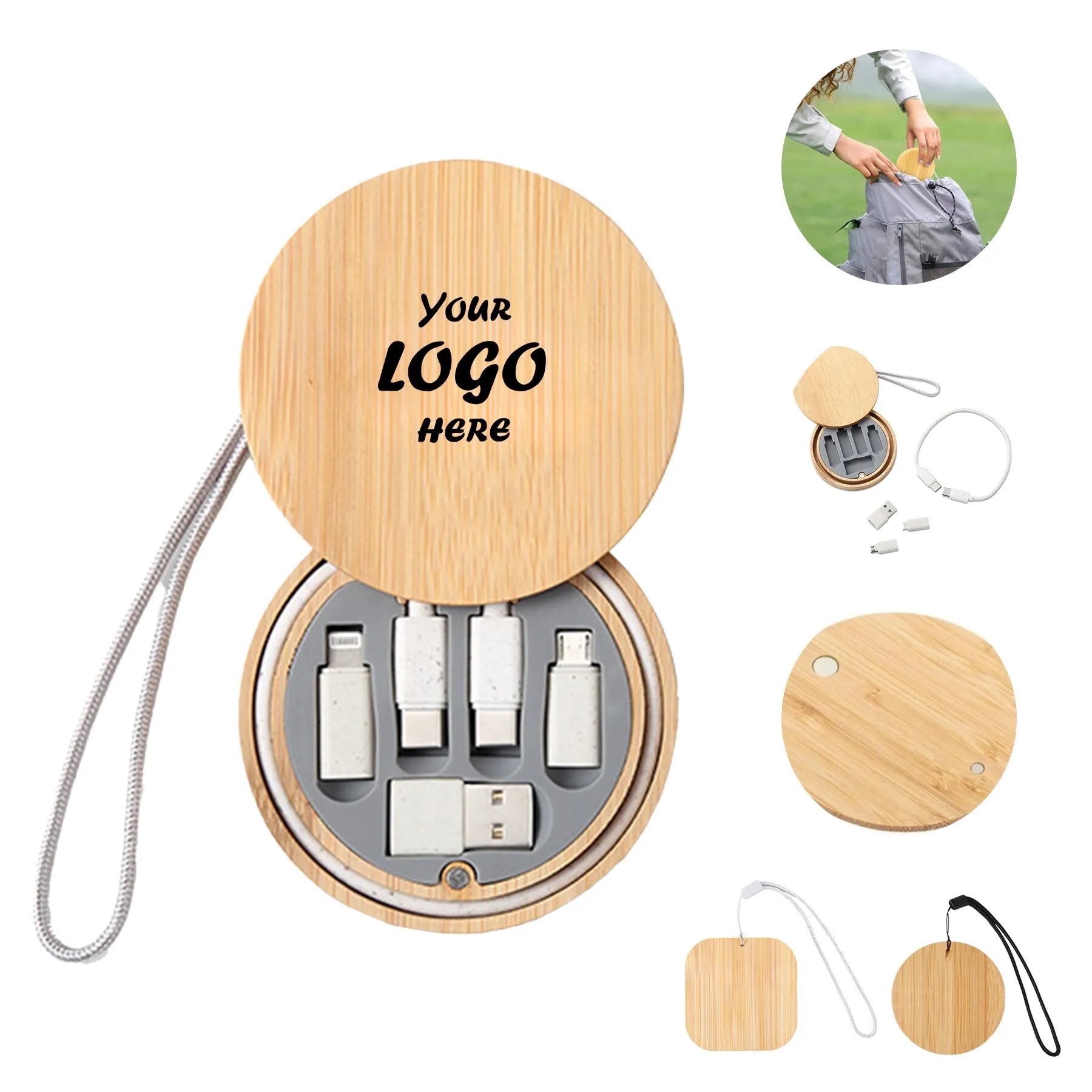 Eco-Friendly Bamboo Round Charging Cable Kit