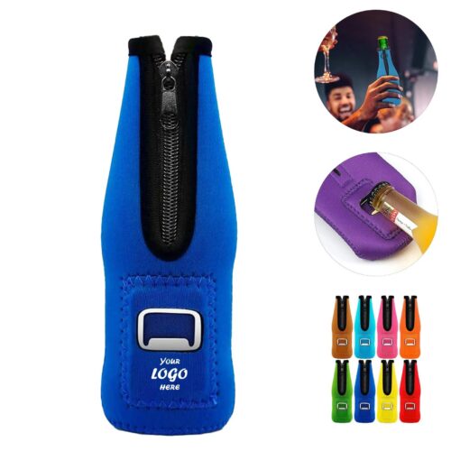 Zippered Neoprene Bottle Cooler With Built In Opener