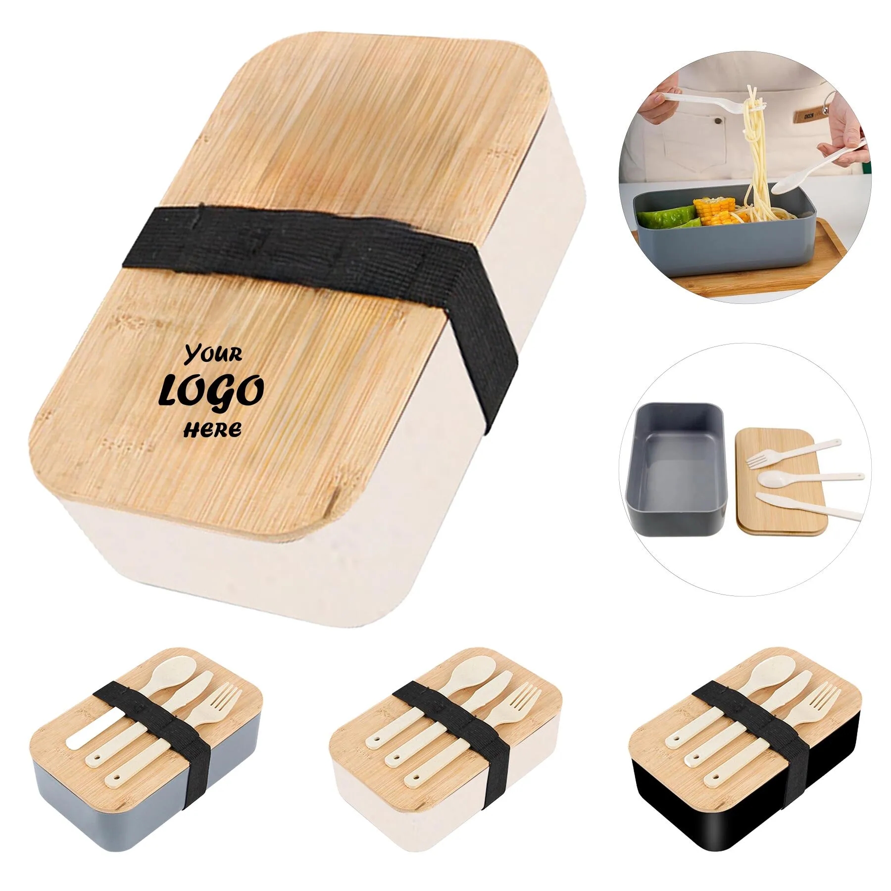 Bamboo Lid Wheat Straw Lunch Box With Cutlery Set