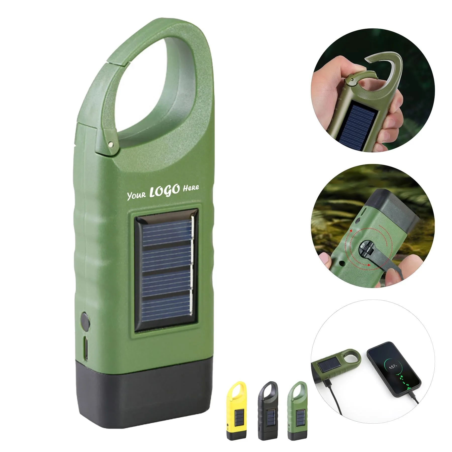 Solar Hand Crank LED Flashlight With Snap Clip