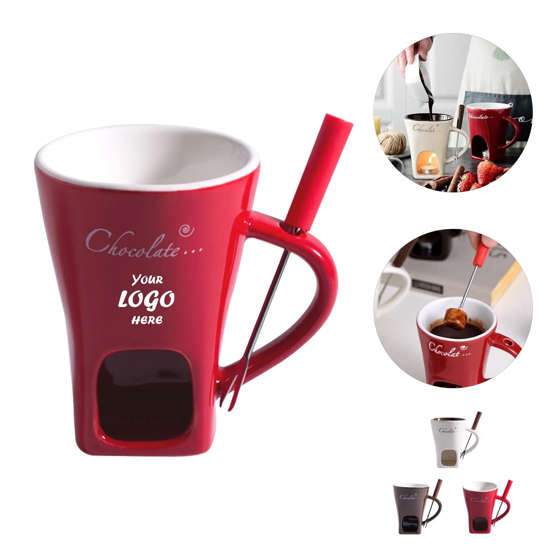 Gift Box Ceramic Chocolate Fondue Mug With Fork Holder
