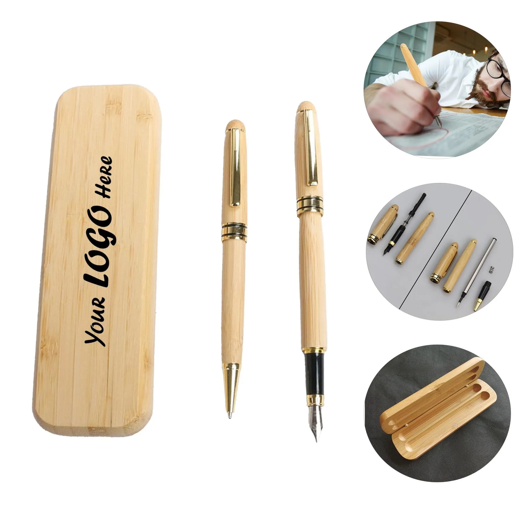 Executive Bamboo Fountain And Gel Pen Set With Wood Case