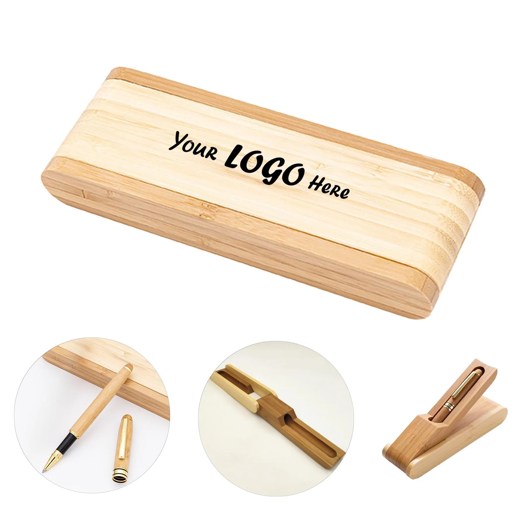 Natural Bamboo Ballpoint Pen Set With Swivel Wood Case