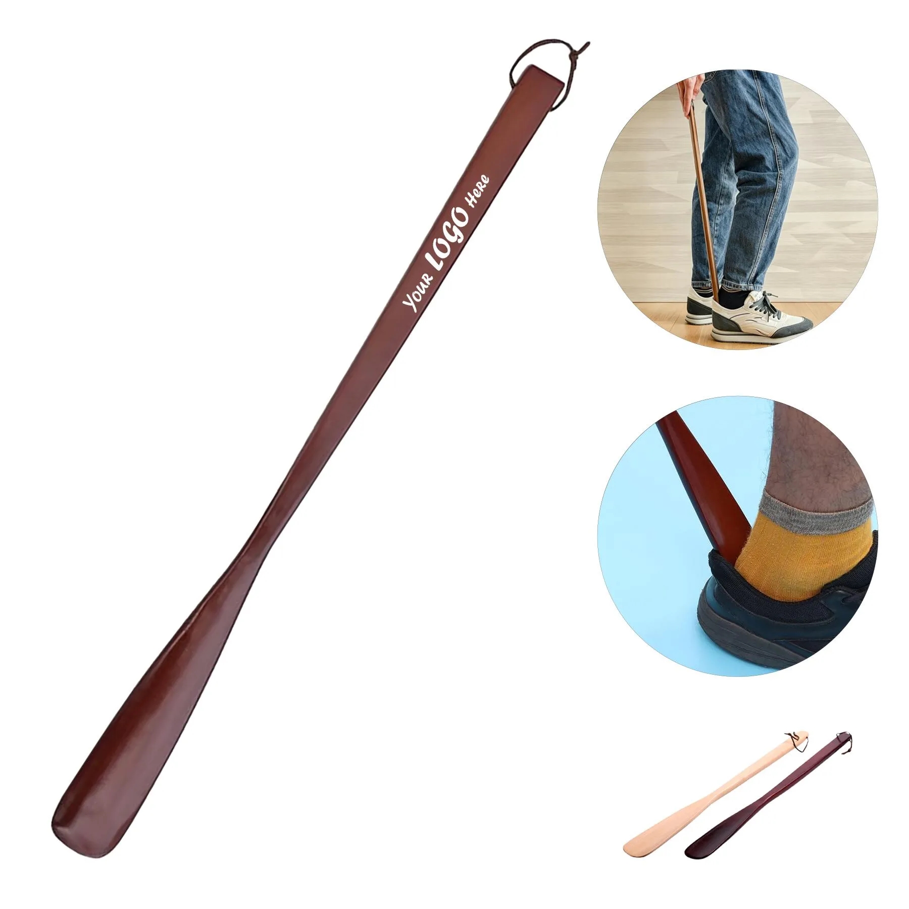 Long Handle Wooden Shoe Horn With Hanging Storage Rope