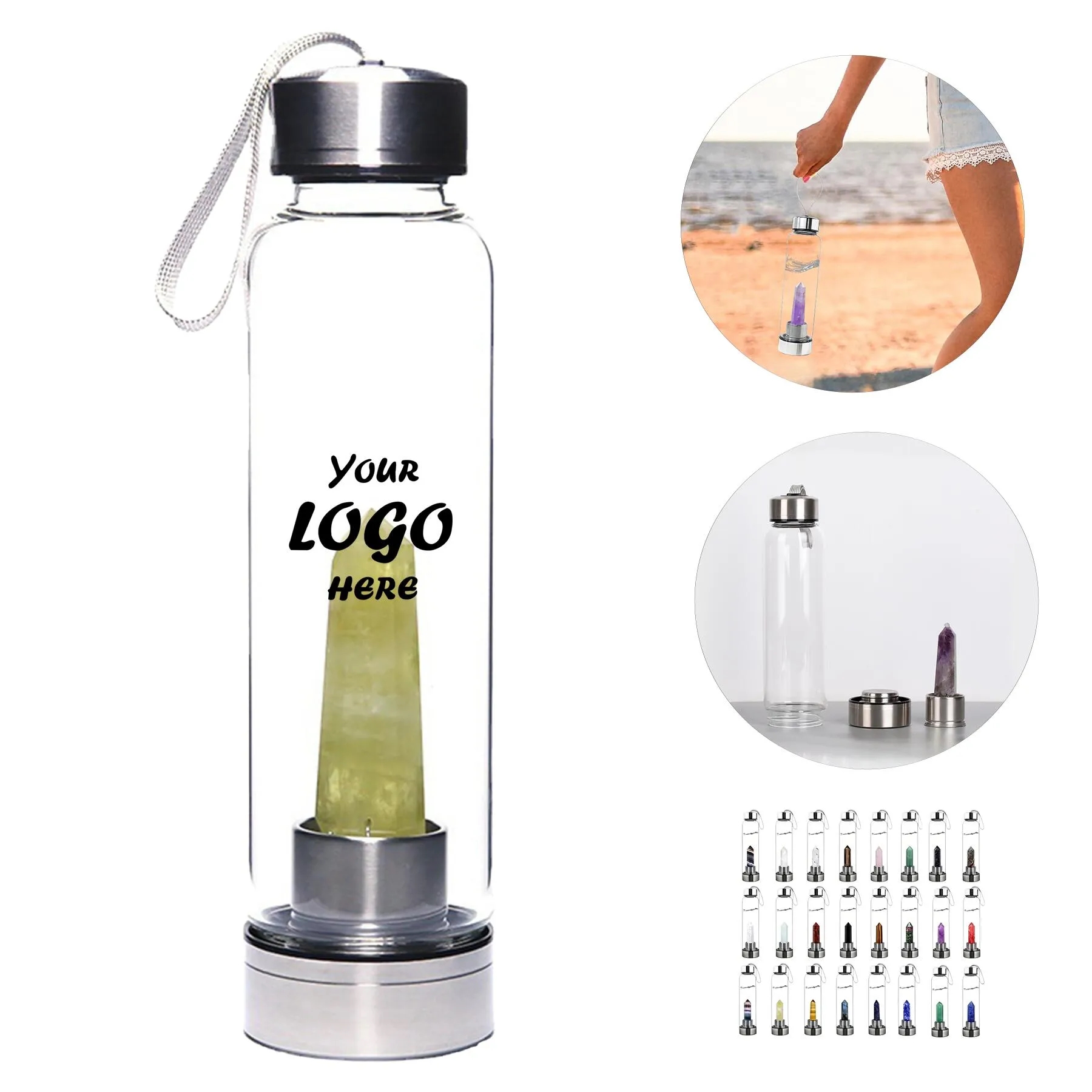 18 Oz Glass Water Bottle With Crystal Column And Sleeve