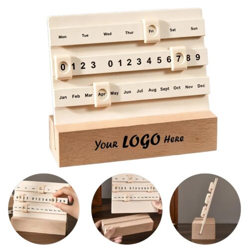 Wooden 2025 Desk Calendar With Adjustable Date Sliders