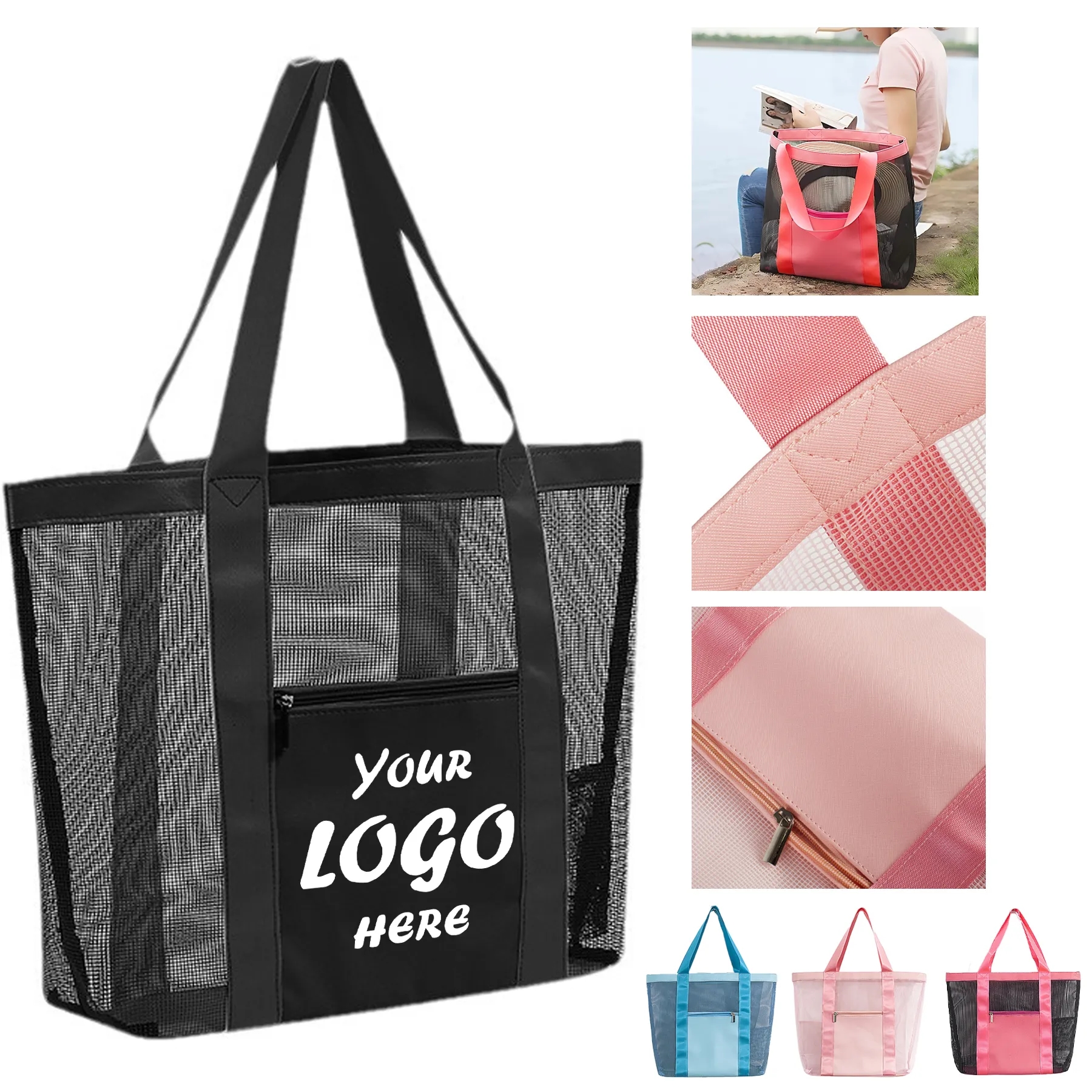 Lightweight Mesh Beach Tote Bag With Zipper Pocket