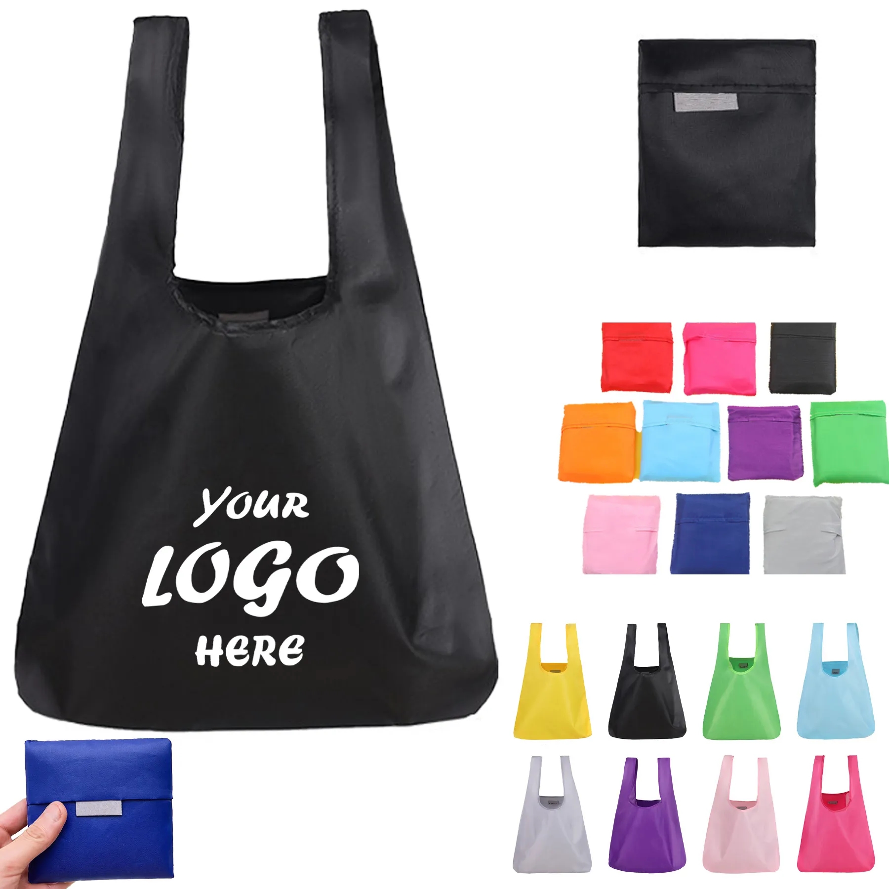 Colorful Folding Polyester Grocery Tote Bag With Pouch