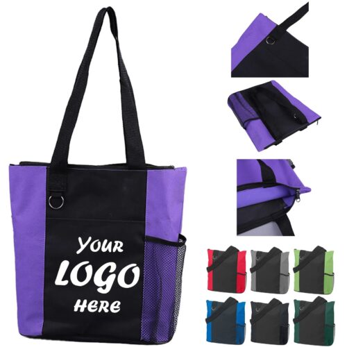 Zippered Nylon Shopping Tote Bag With Mesh Bottle Pocket