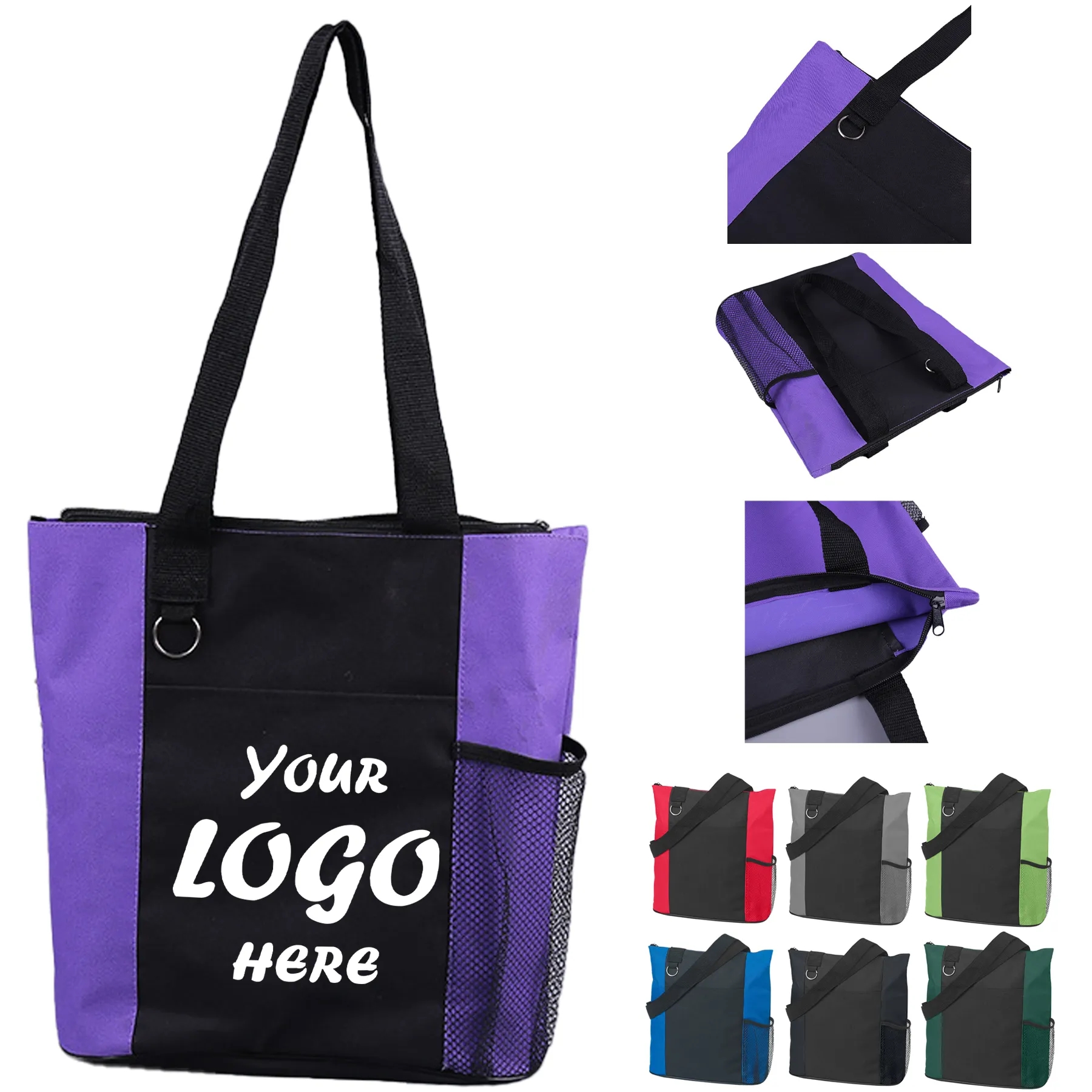 Zippered Nylon Shopping Tote Bag With Mesh Bottle Pocket