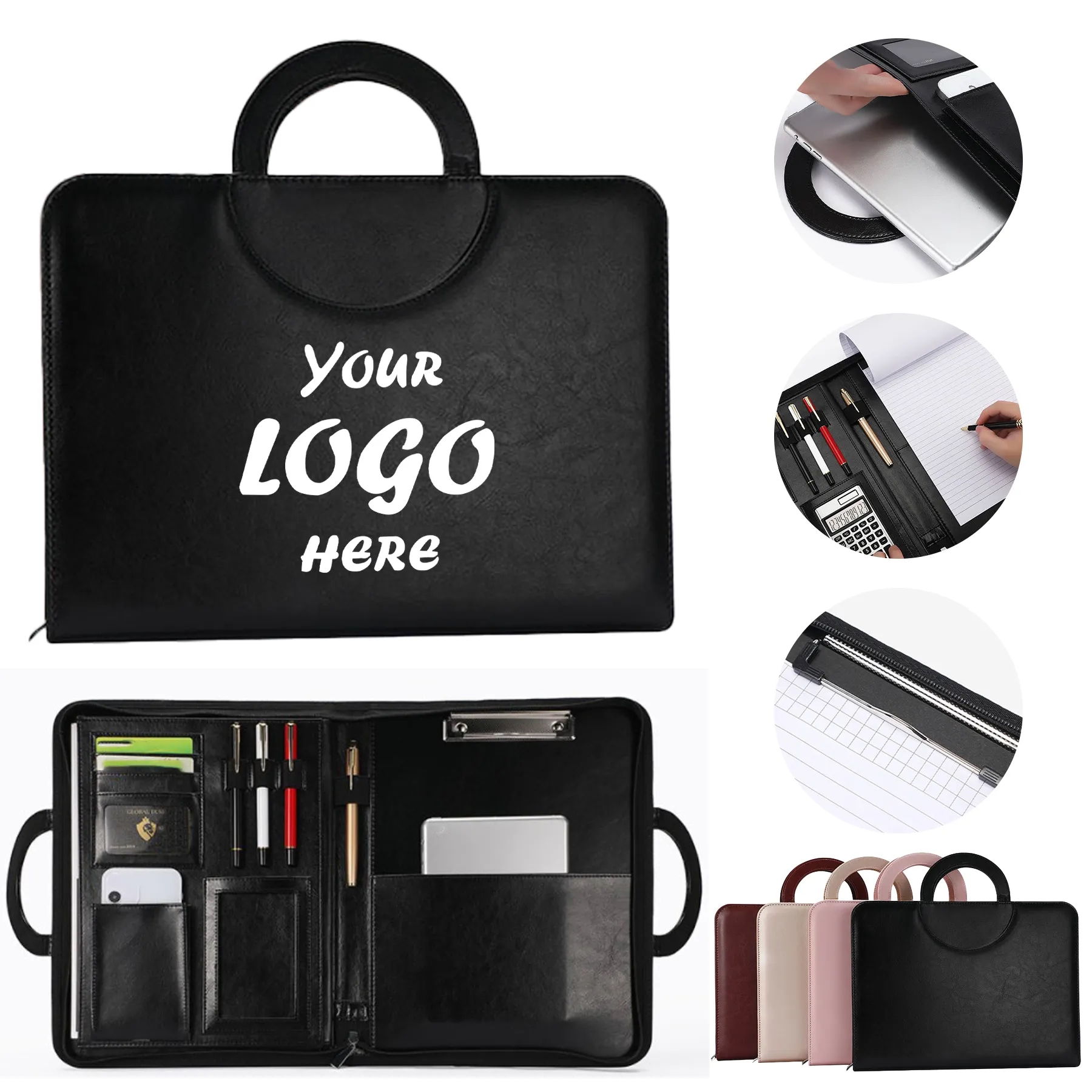 A4 Zippered Business Padfolio With Handle And Notebook
