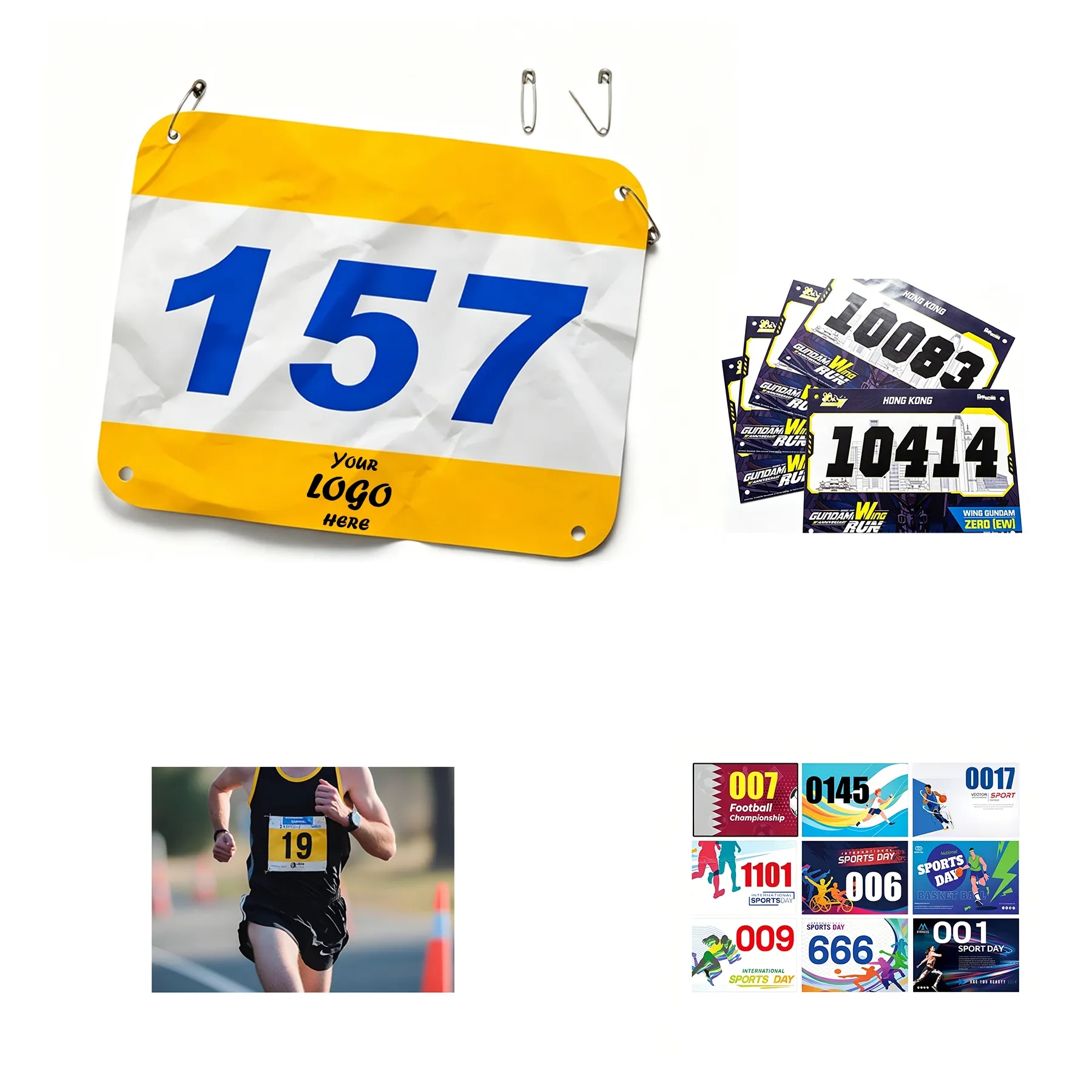 Tear Resistant Race Number Bibs With Safety Pin Set