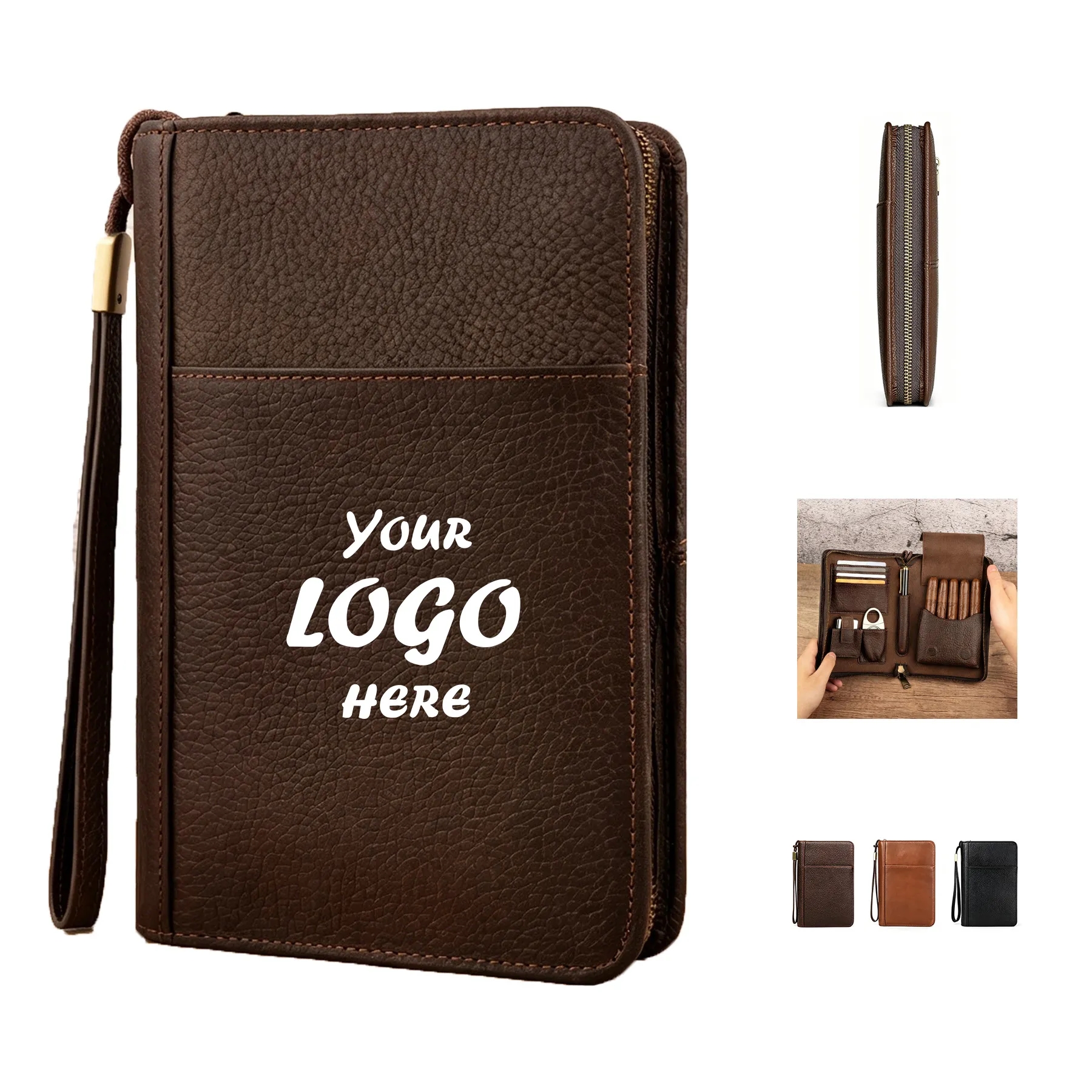 Genuine Leather Five Cigar Travel Case With Wrist Zip