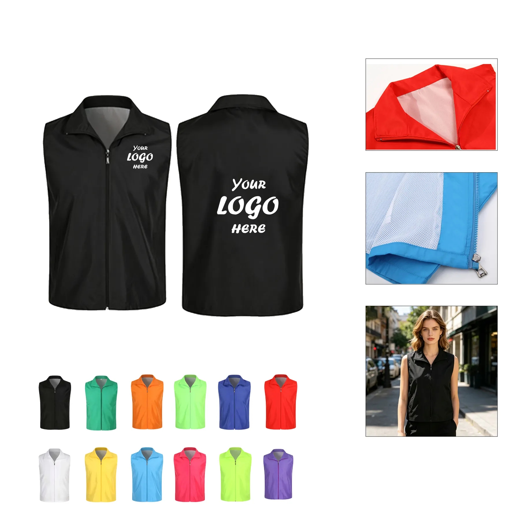 Polyester Volunteer Uniform Vest With Zipper Closure