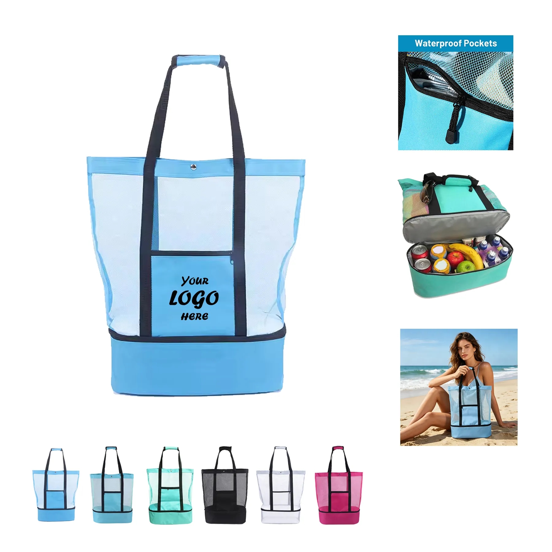 Detachable Mesh Beach Tote With Insulated Cooler Pocket