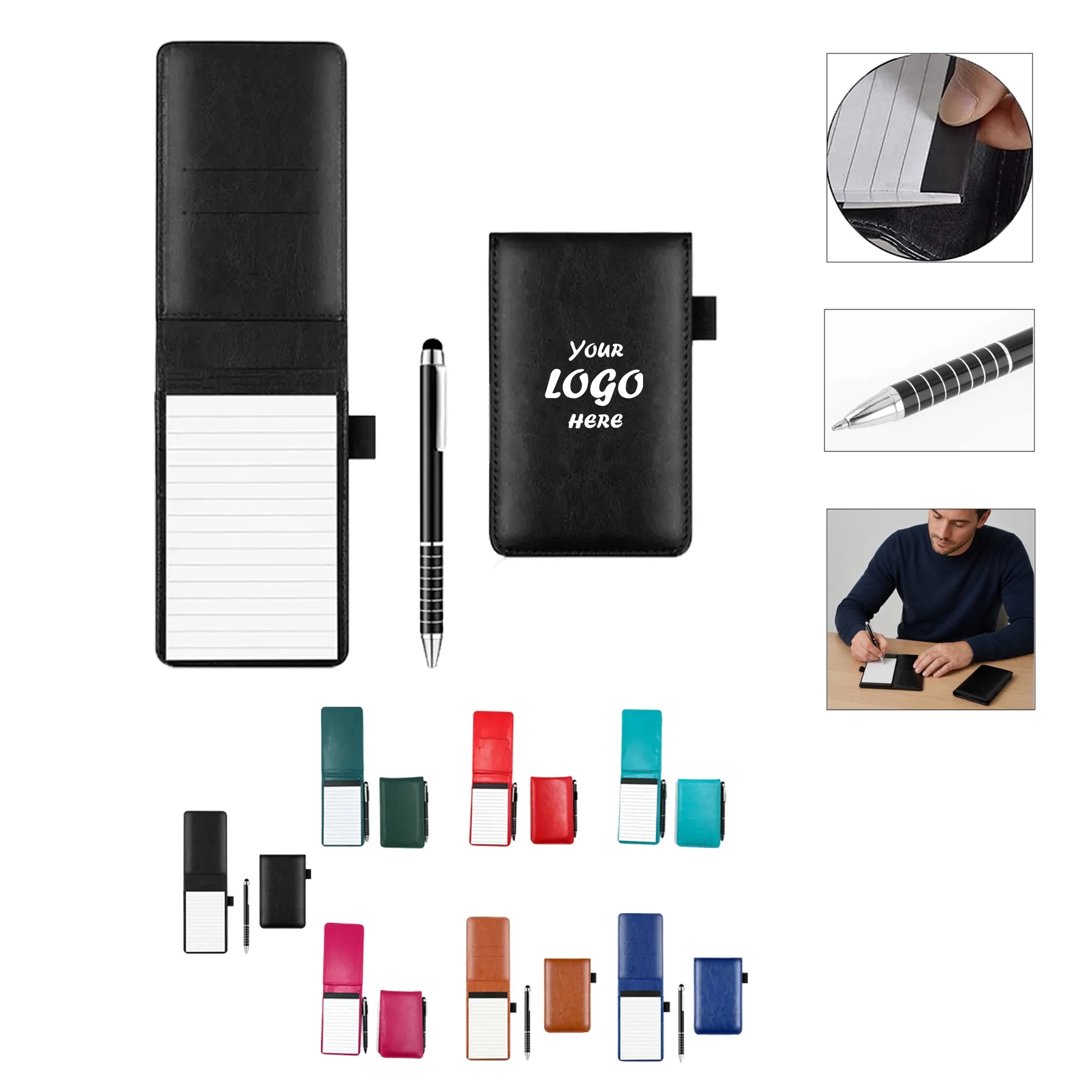 PU Pocket Notepad Holder With Pen And Card Slots