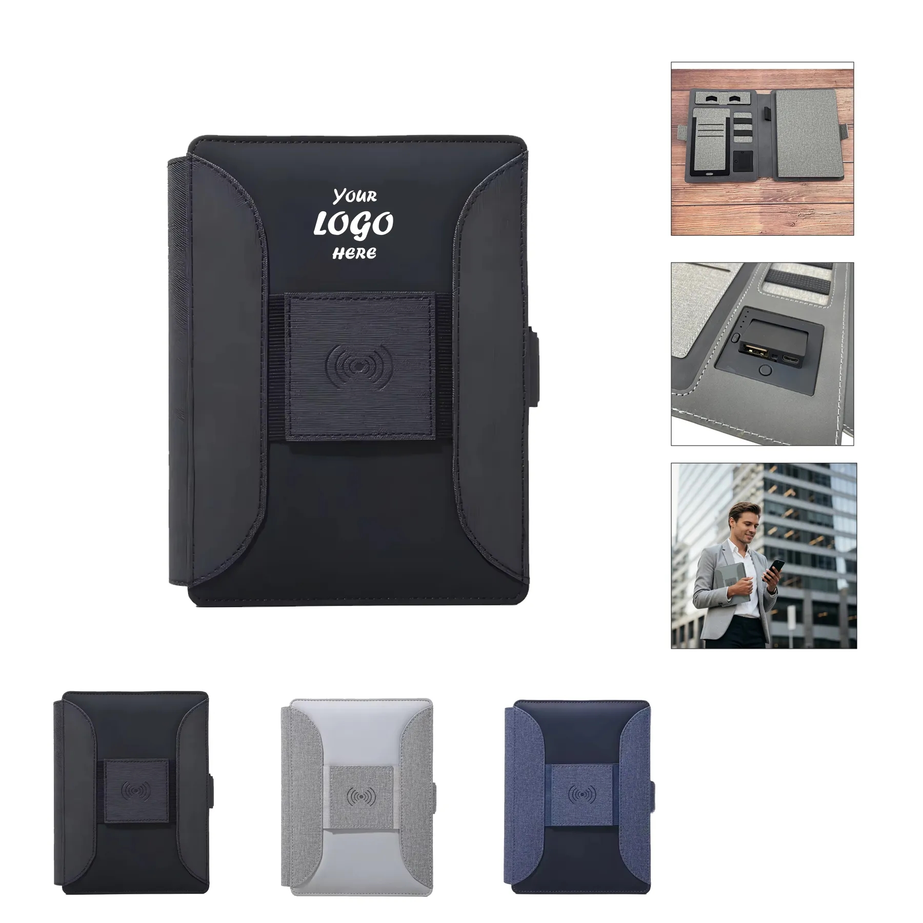Wireless Charging Padfolio With USB Port And Notebook