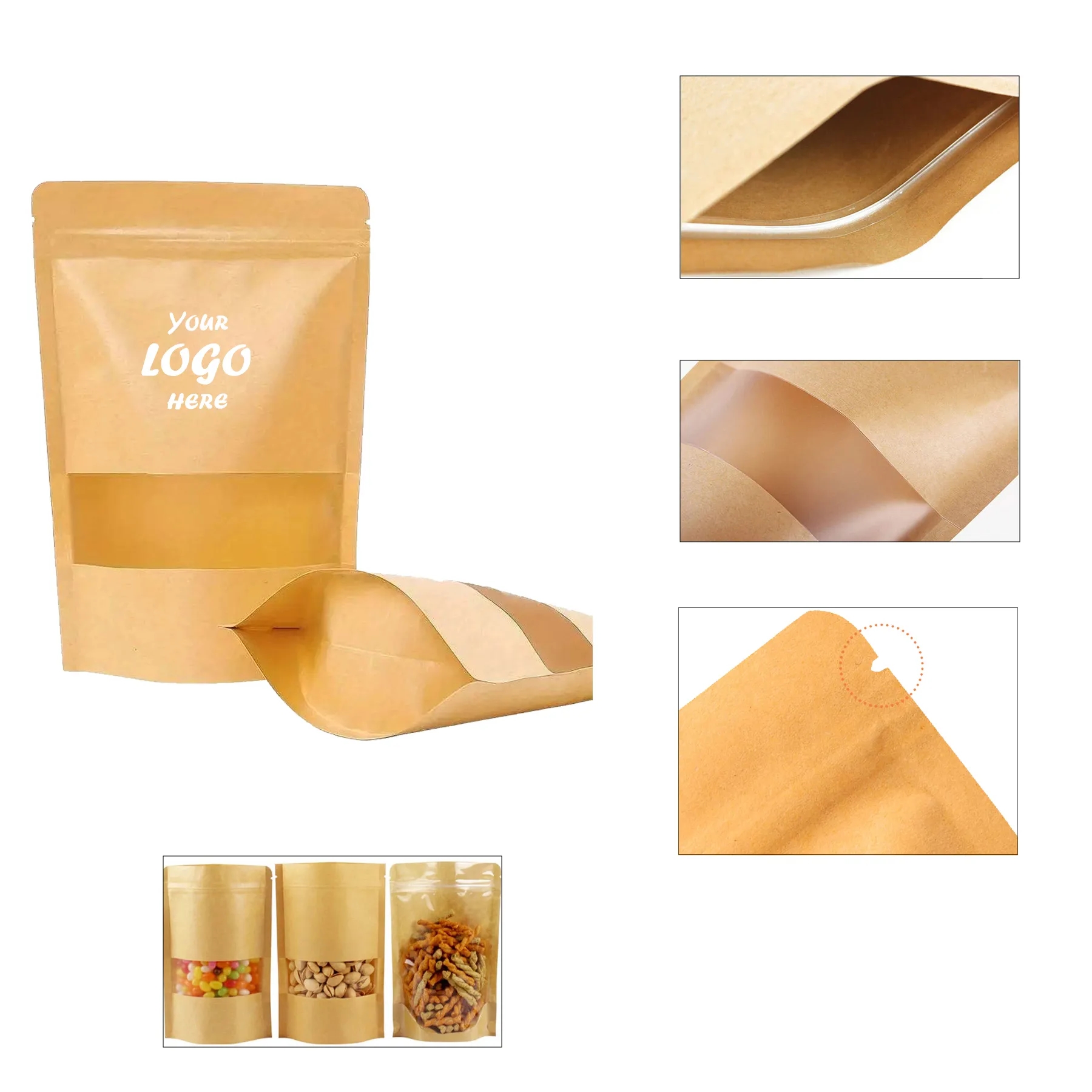 Kraft Stand Up Food Pouch With Window And Zipper Seal