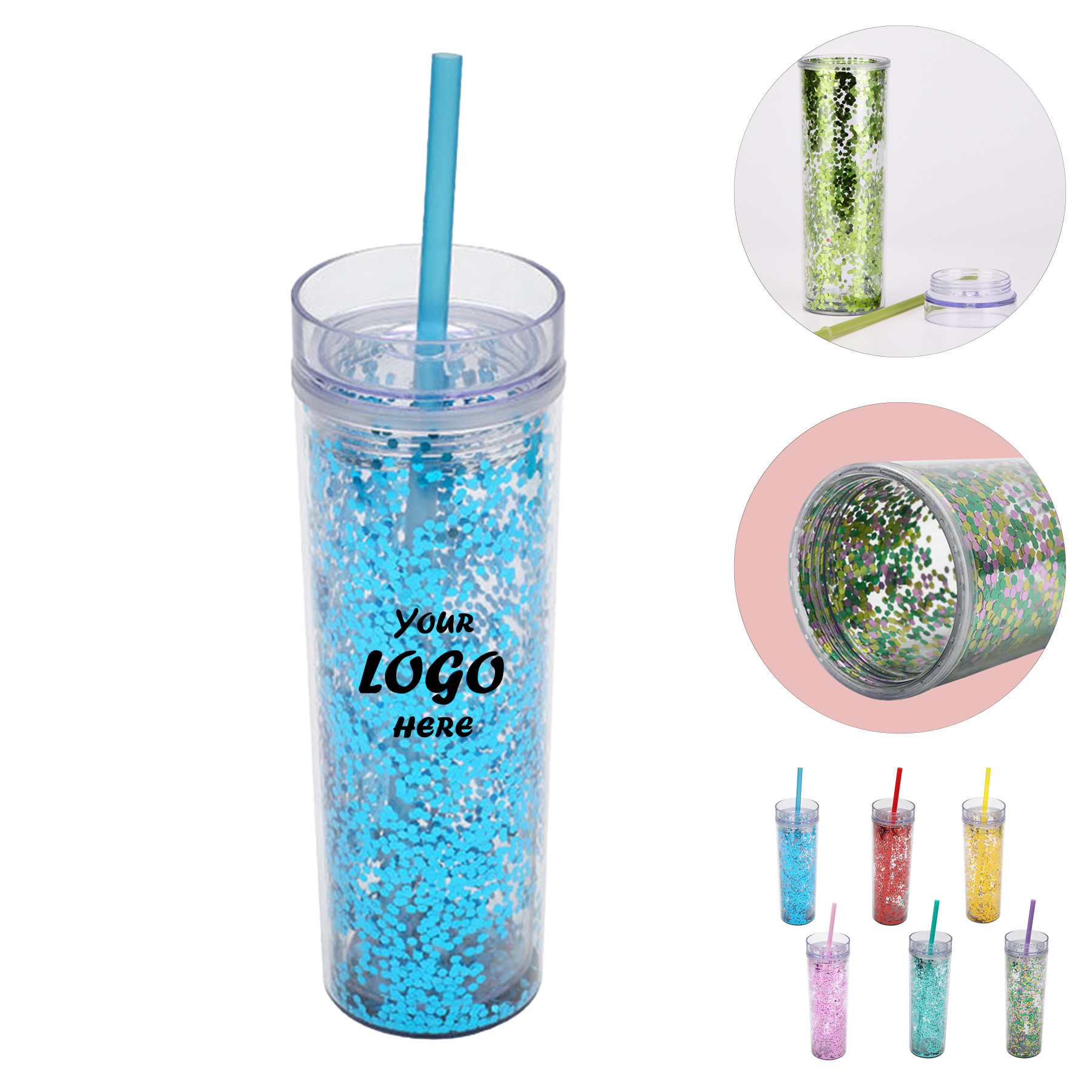 16 Oz Glitter Double Wall Straw Tumbler For Cold Drinks