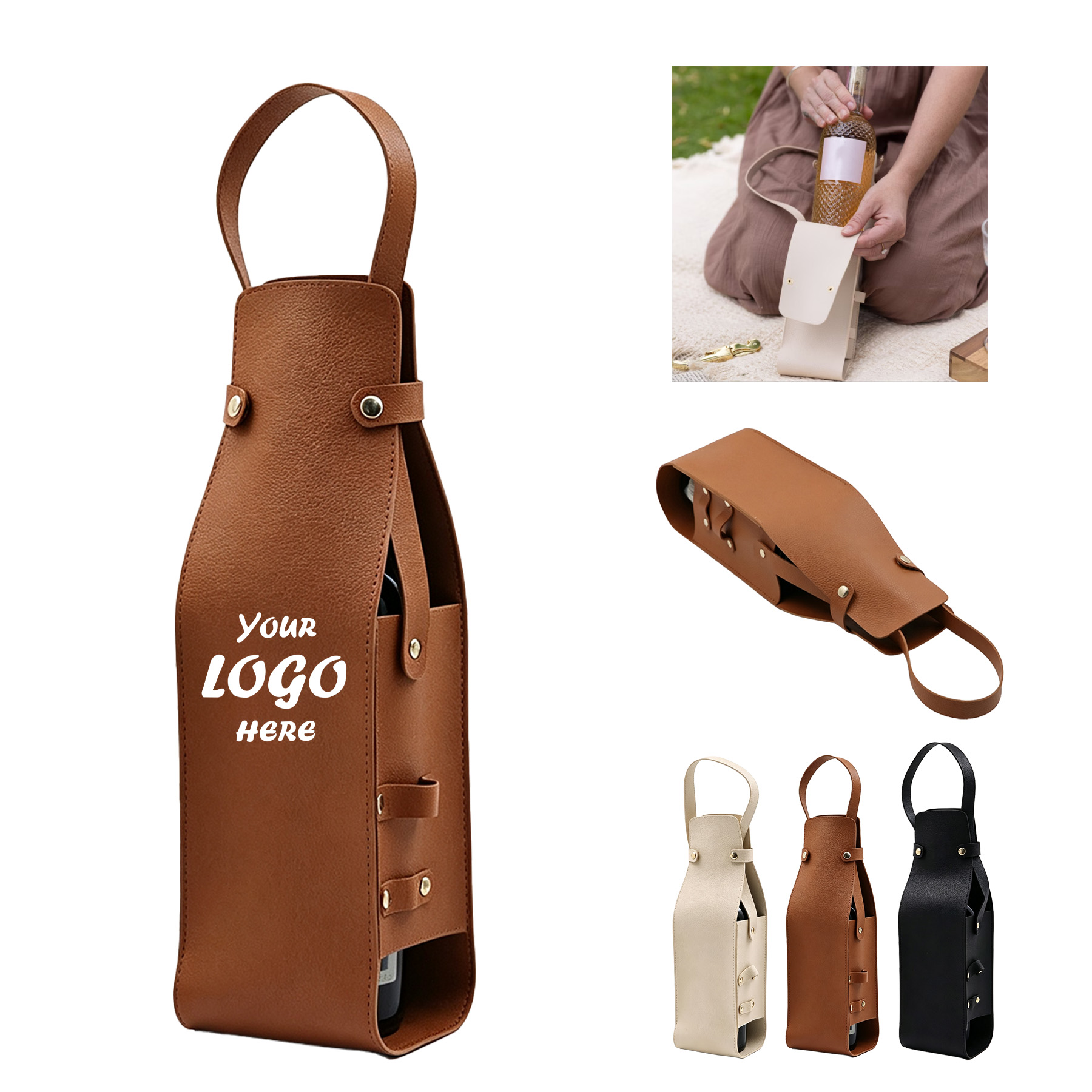 Portable PU Leather Single Wine Bottle Tote With Strap