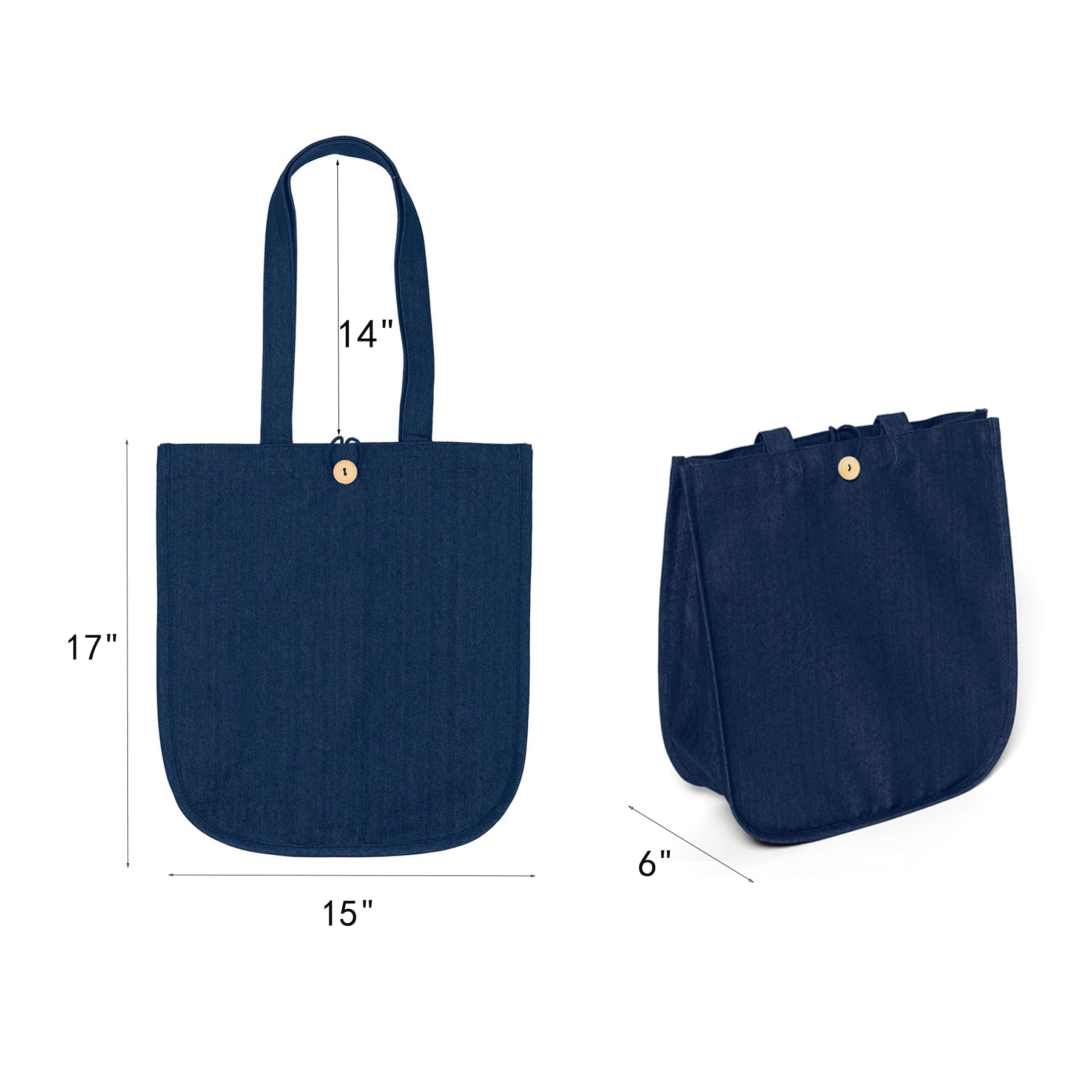 Dark Wash Denim Cotton Tote Bag With Button Closure - Image 2